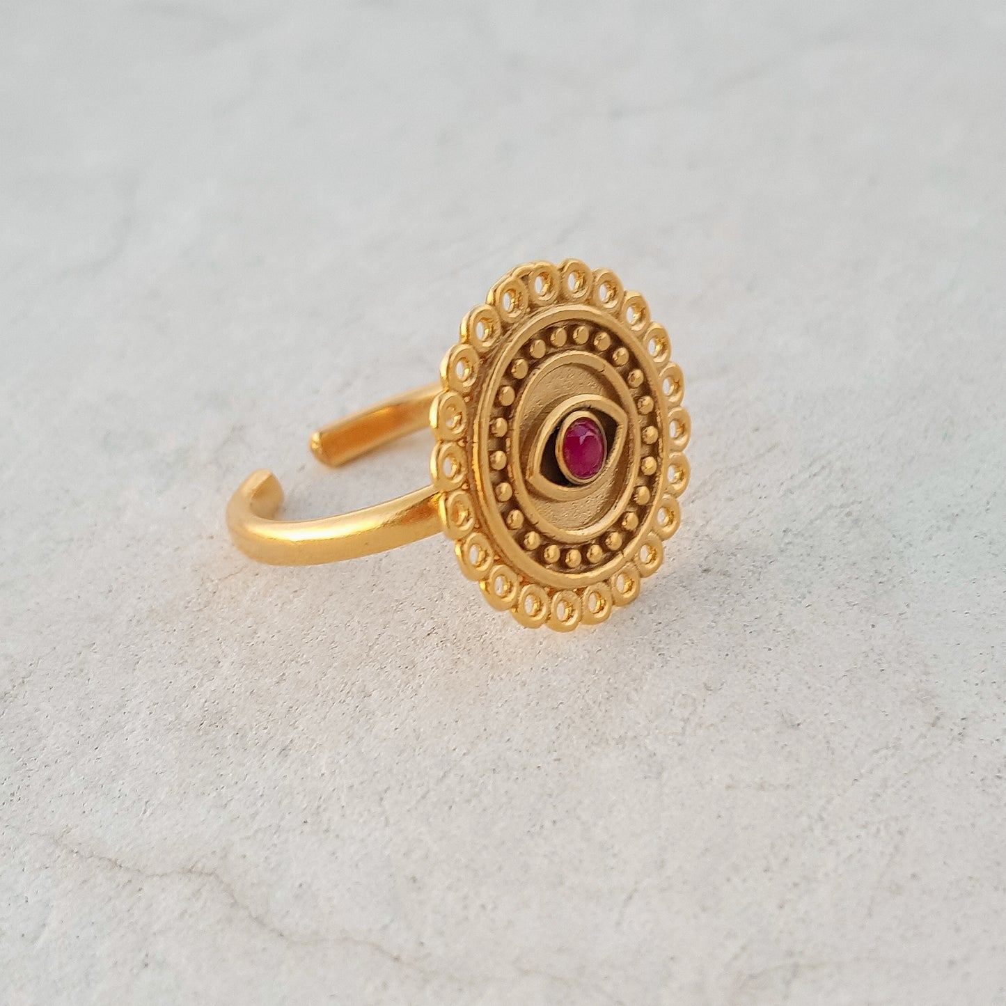 Adjustable Evil Eye ring with Ruby gemstone