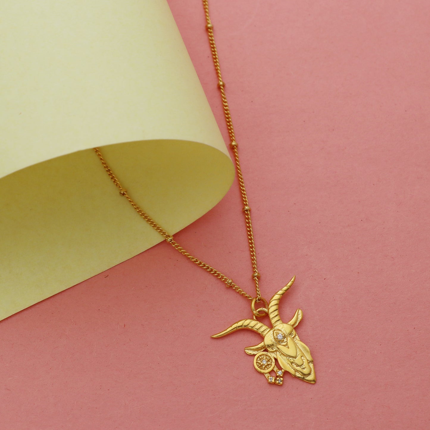 Capricorn Zodiac Sign chain necklace with Sea Goat Symbol charm and Zircon Stones in 22k gold plated 925 sterling silver