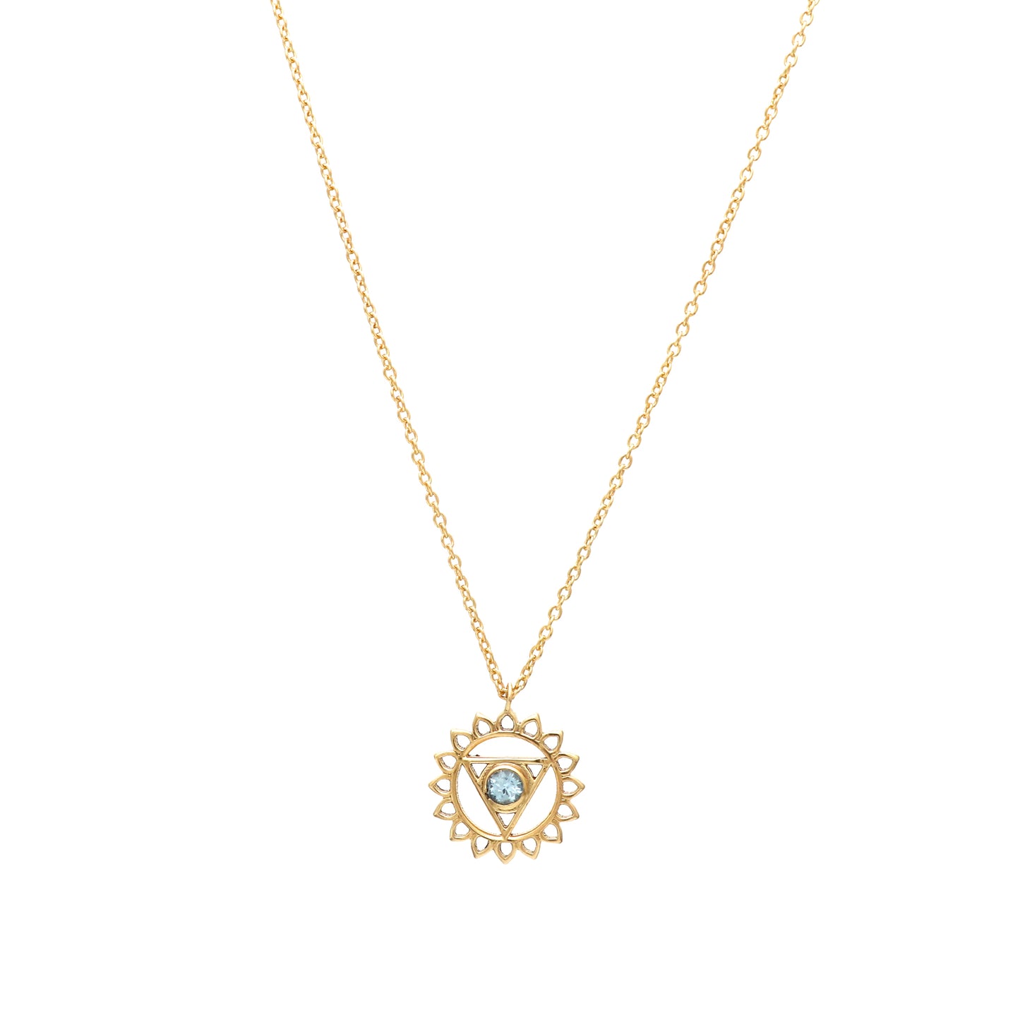 Vishuddha Throat Chakra Charm necklace with Blue Topaz gemstone in 22k gold plated 925 sterling silver