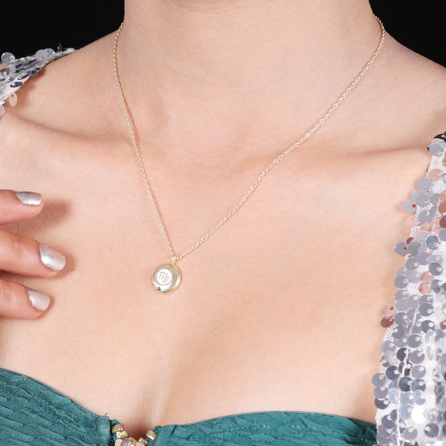 Virgo Zodiac Sign chain necklace with white enamel and Blue Sapphire birthstone in 22k gold plated 925 sterling silver