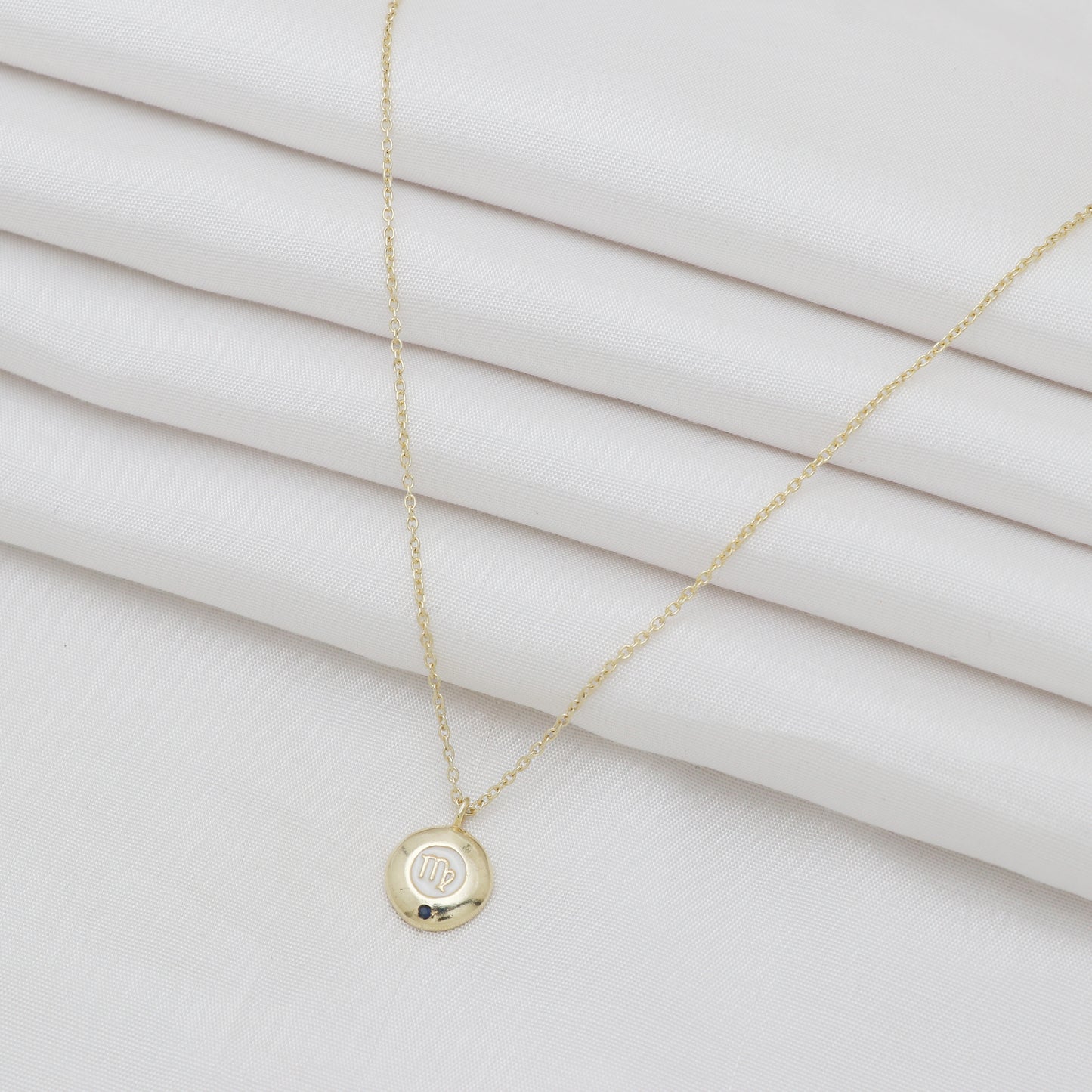 Virgo Zodiac Sign chain necklace with white enamel and Blue Sapphire birthstone in 22k gold plated 925 sterling silver