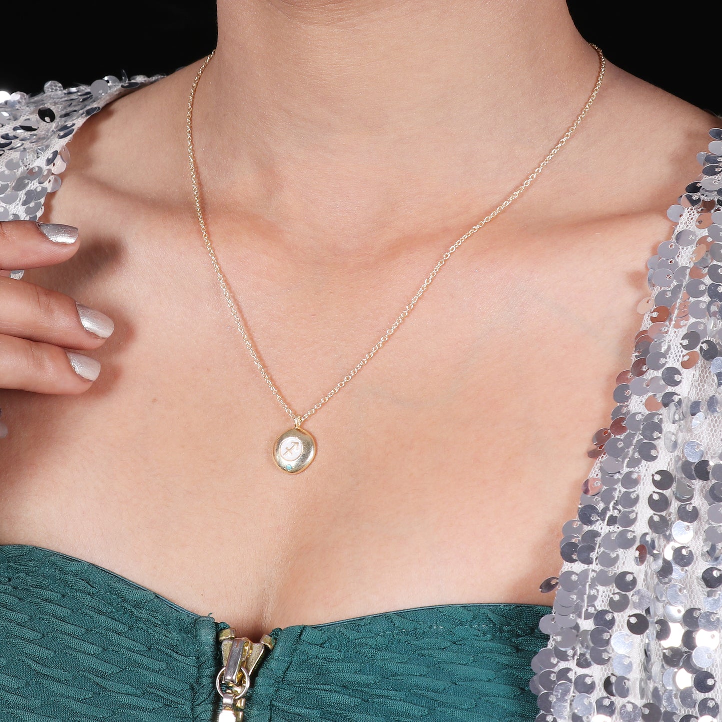 Sagittarius Zodiac Sign chain necklace with white enamel and Turquoise birthstone in 22k gold plated 925 sterling silver