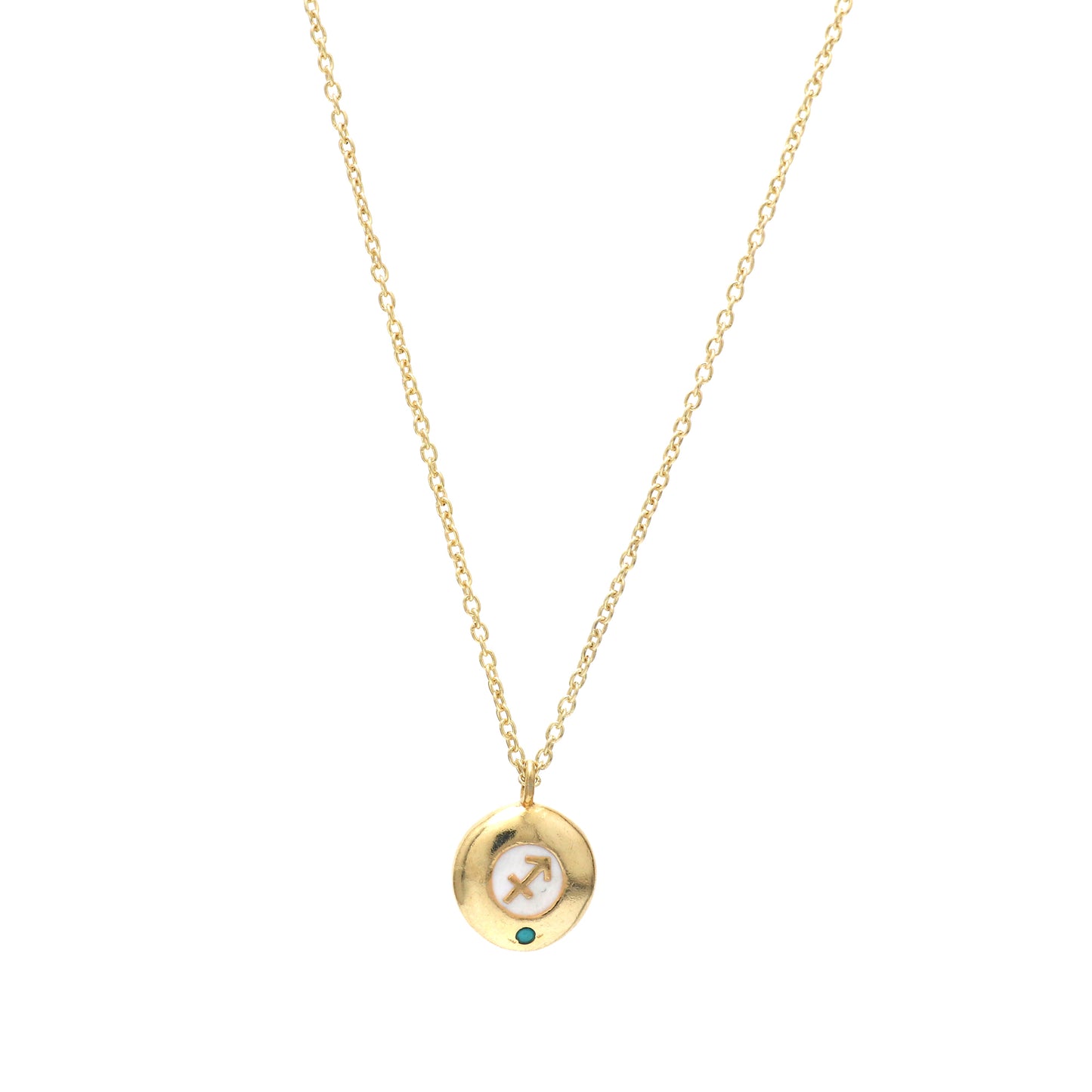 Sagittarius Zodiac Sign chain necklace with white enamel and Turquoise birthstone in 22k gold plated 925 sterling silver