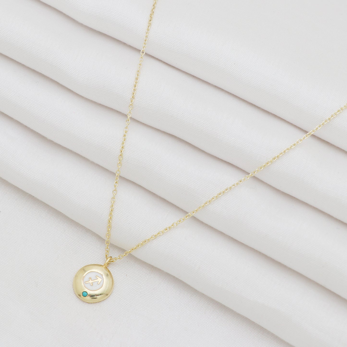 Sagittarius Zodiac Sign chain necklace with white enamel and Turquoise birthstone in 22k gold plated 925 sterling silver