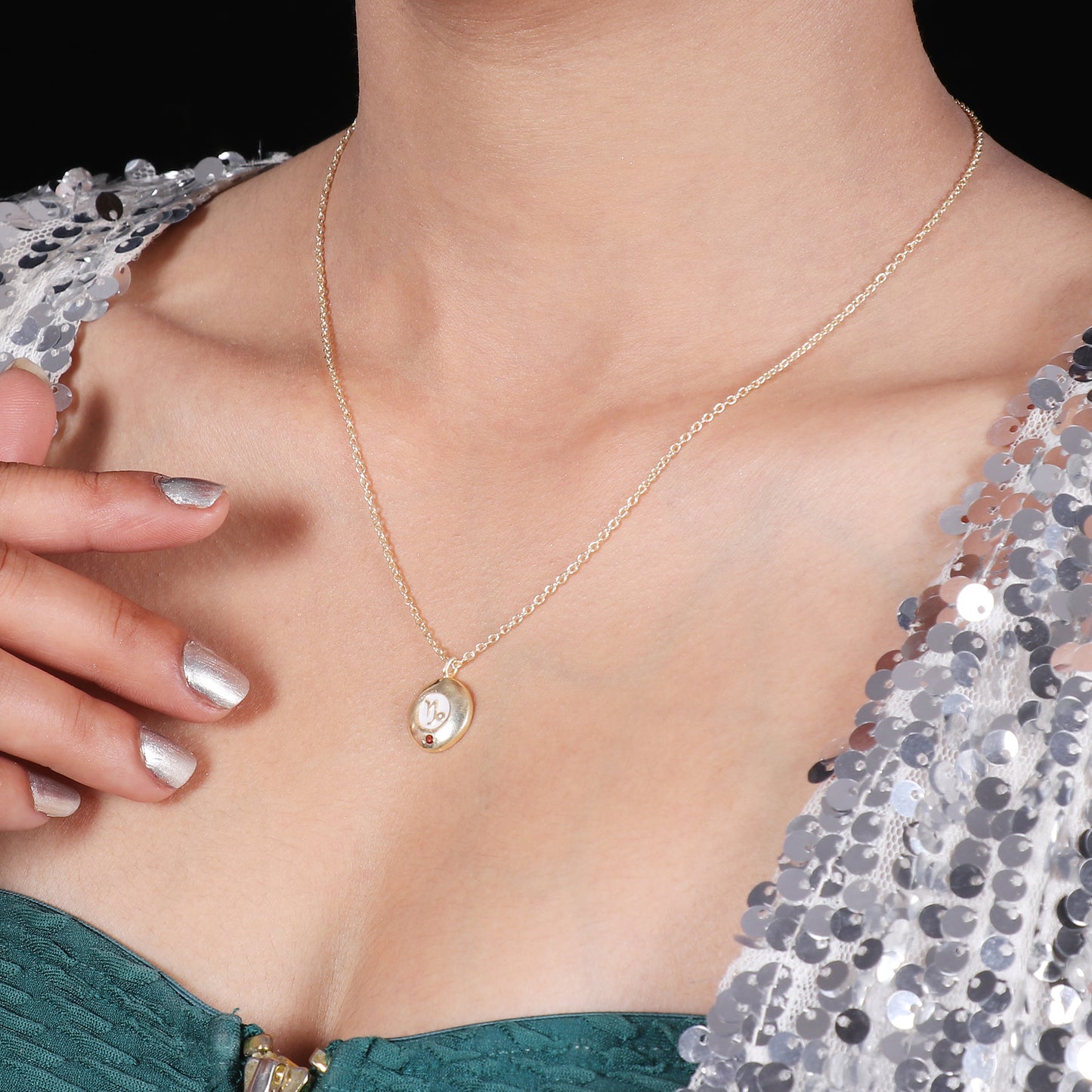 Capricorn Zodiac Sign chain necklace with white enamel and Garnet birthstone in 22k gold plated 925 sterling silver