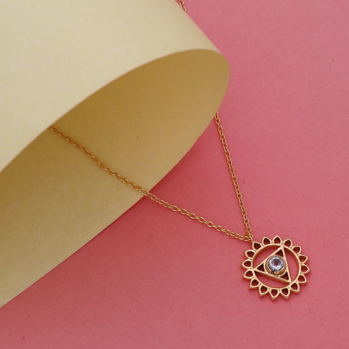 Vishuddha Throat Chakra Charm necklace with Blue Topaz gemstone in 22k gold plated 925 sterling silver