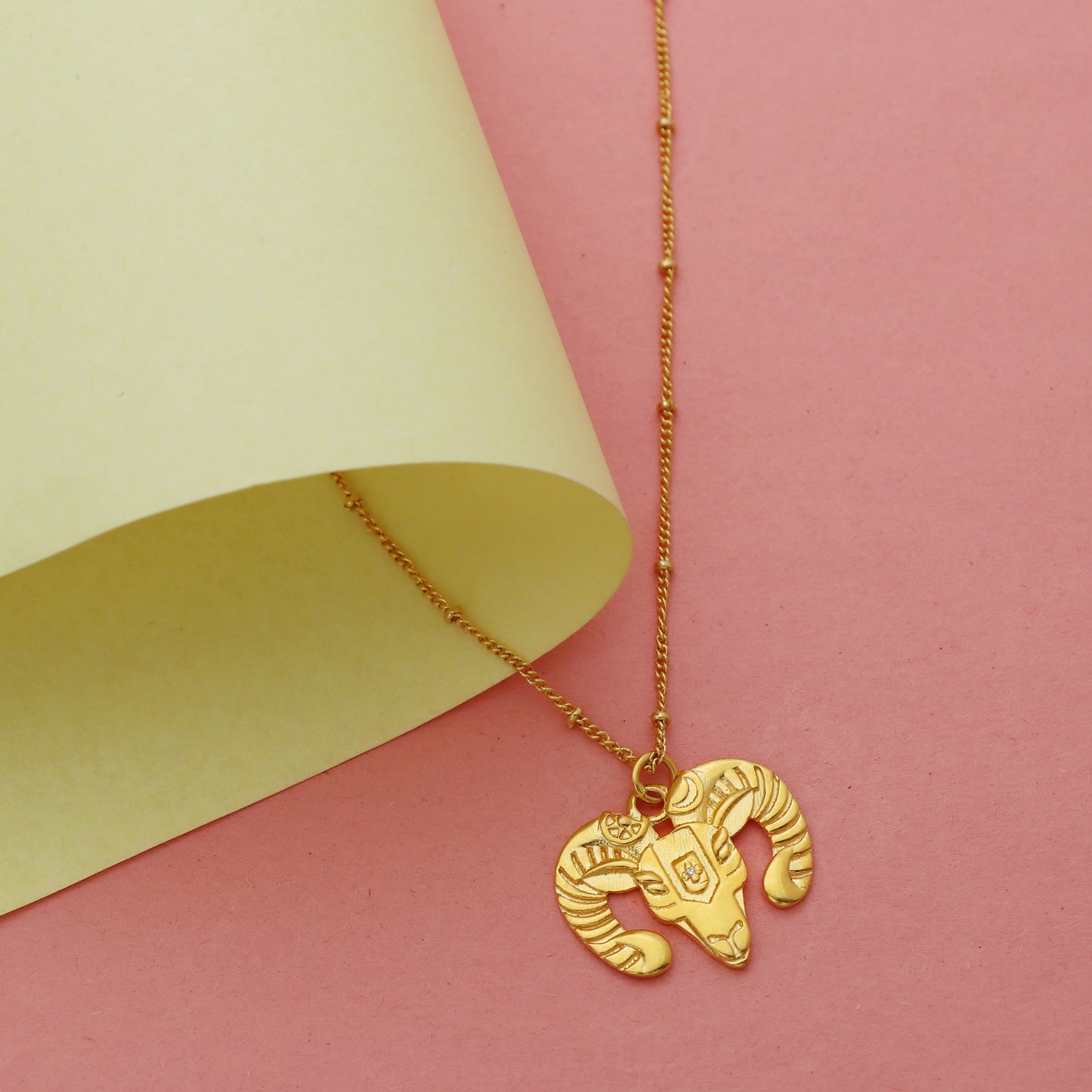 Aries Zodiac Sign chain necklace with Ram (Male Sheep) Symbol charm and Zircon Stones in 22k gold plated 925 sterling silver
