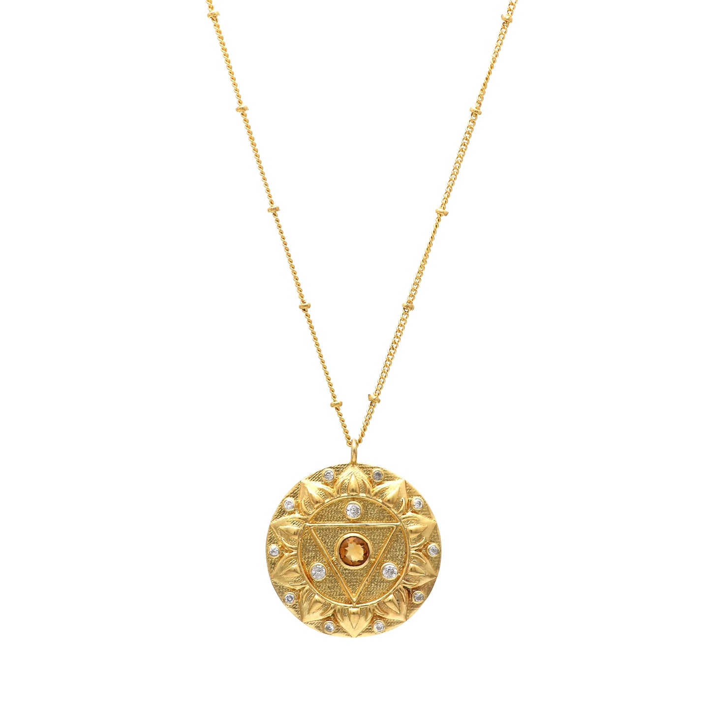 Manipura Solar Plexus Chakra Charm ball chain necklace with Citrine and zircon gemstone in 22k gold plated 925 sterling silver