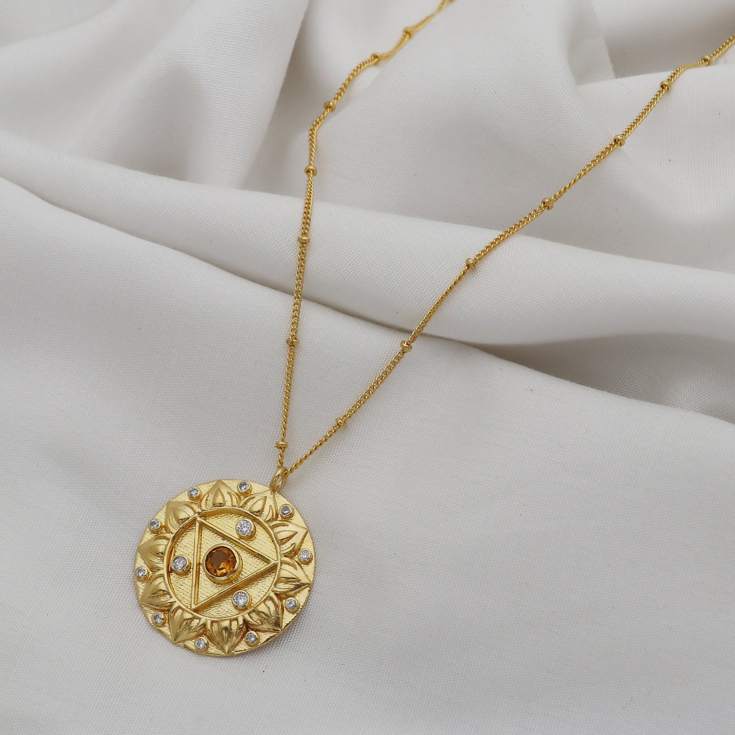 Manipura Solar Plexus Chakra Charm ball chain necklace with Citrine and zircon gemstone in 22k gold plated 925 sterling silver