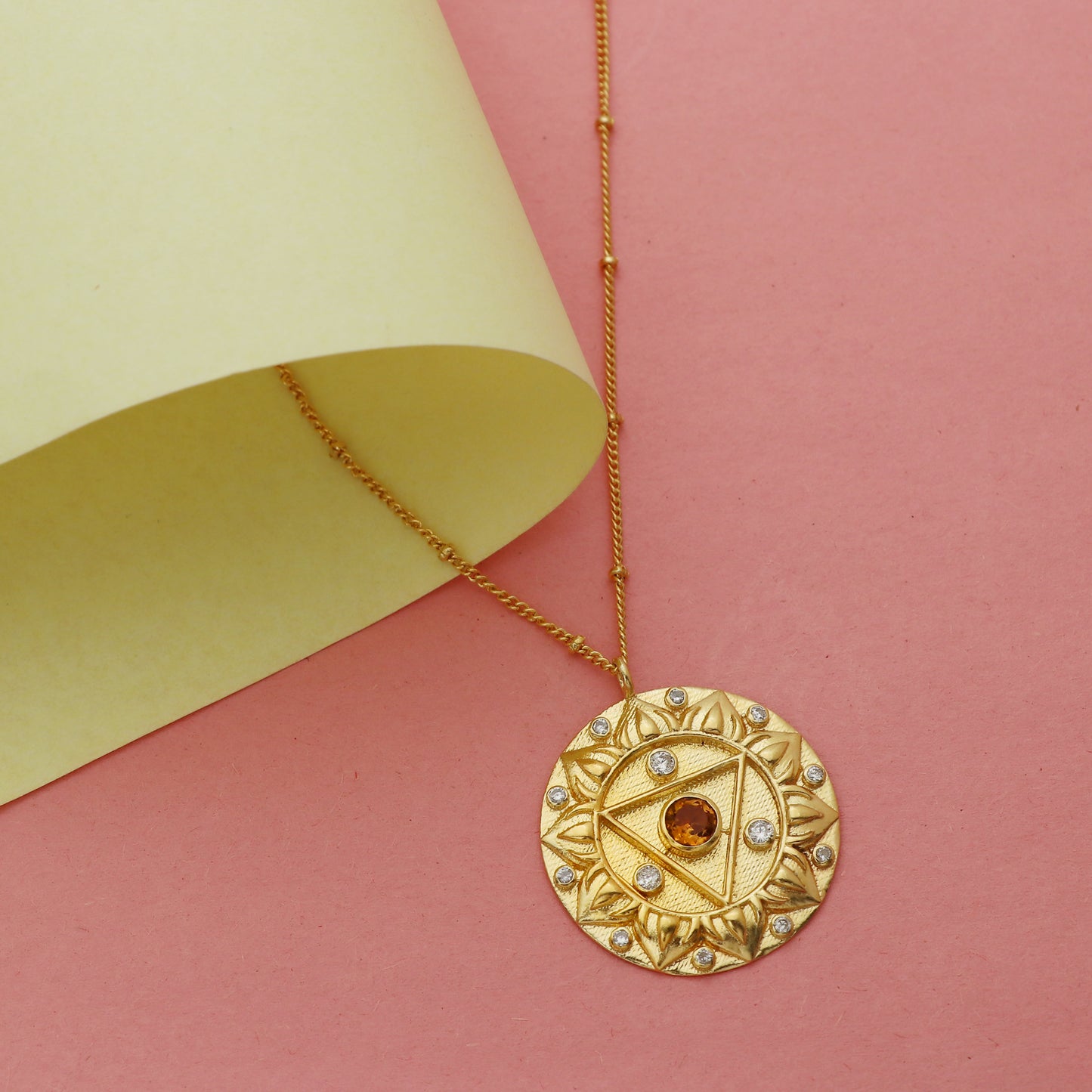 Manipura Solar Plexus Chakra Charm ball chain necklace with Citrine and zircon gemstone in 22k gold plated 925 sterling silver
