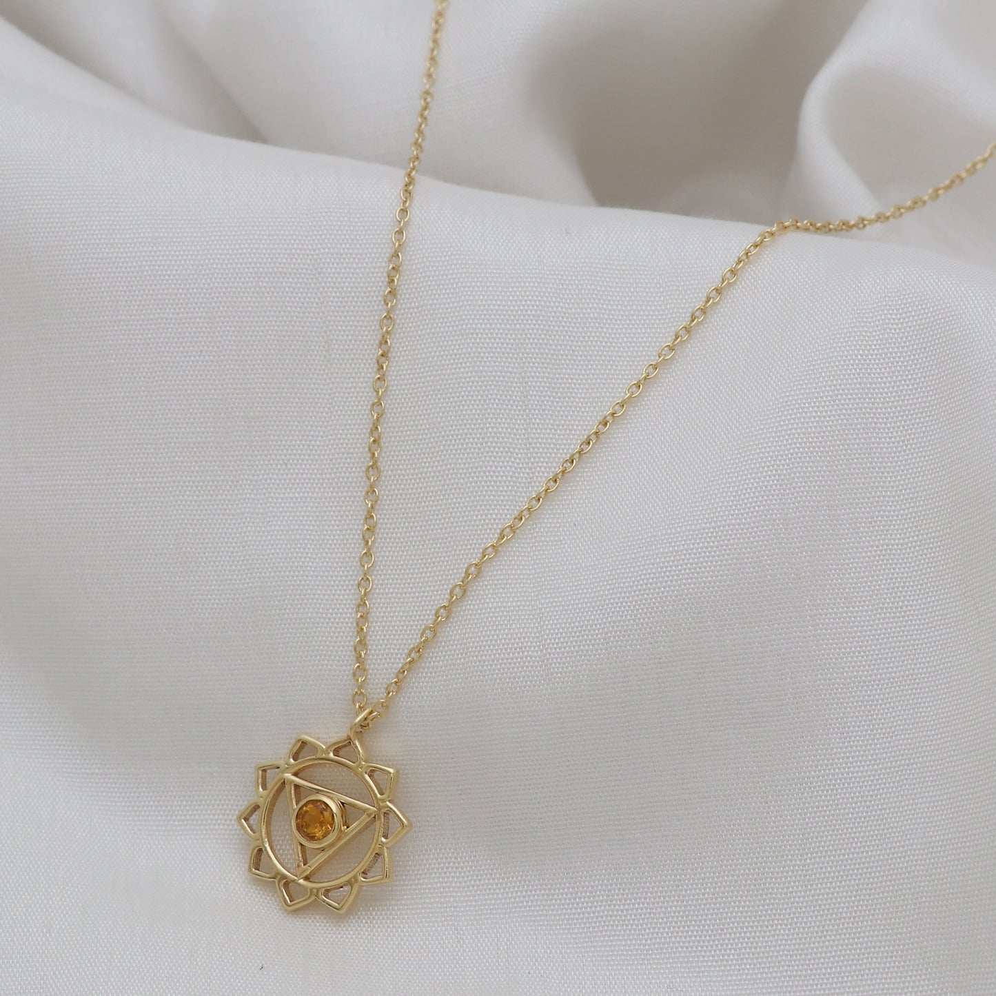 Manipura Solar Plexus Chakra Charm necklace with Citrine gemstone in 22k gold plated 925 sterling silver