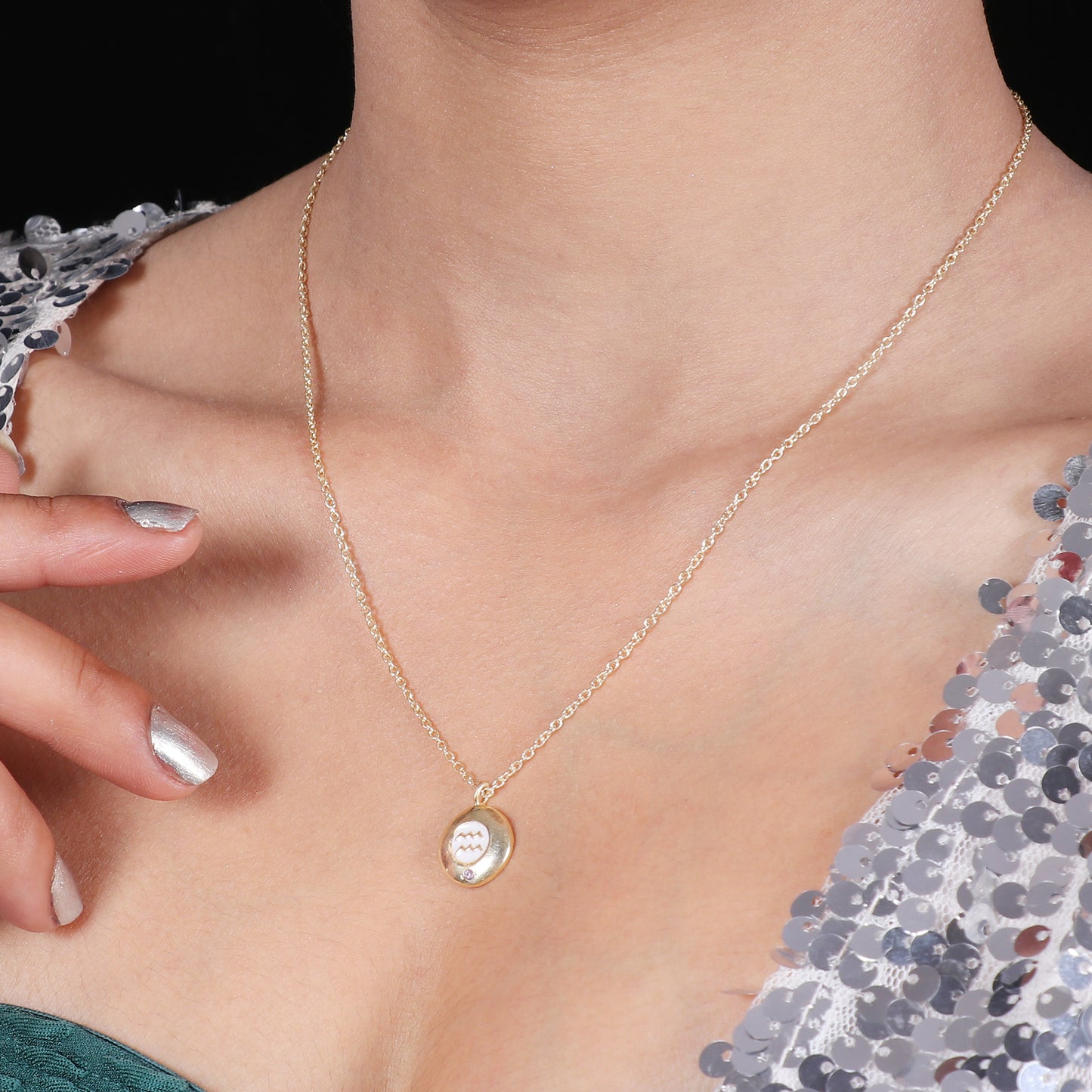Aquarius Zodiac Sign chain necklace with white enamel and Amethyst birthstone in 22k gold plated 925 sterling silver