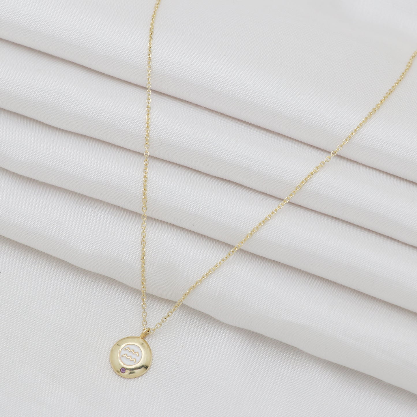 Aquarius Zodiac Sign chain necklace with white enamel and Amethyst birthstone in 22k gold plated 925 sterling silver
