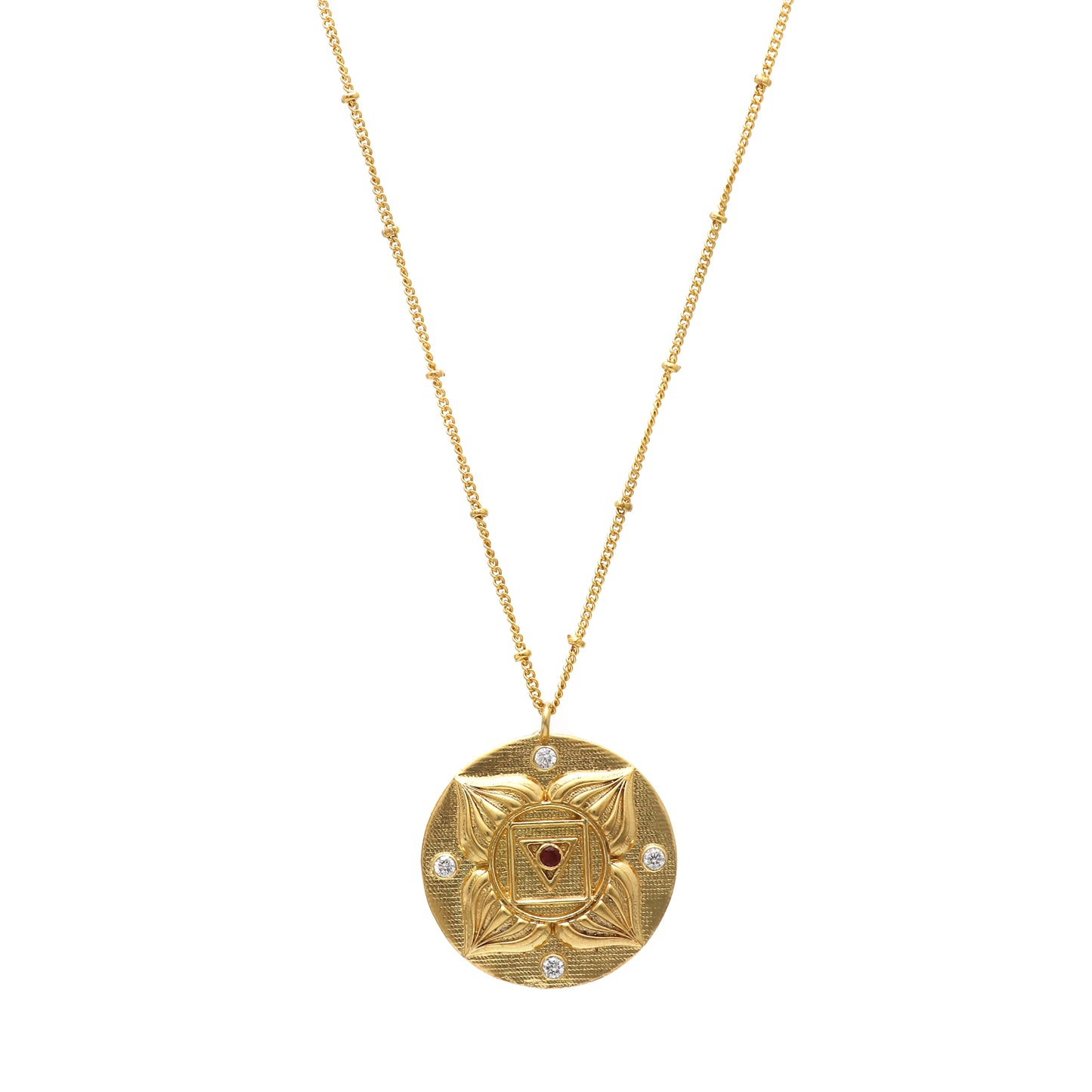 Muladhara Root Chakra Charm ball chain necklace with Garnet and zircon gemstone in 22k gold plated 925 sterling silver