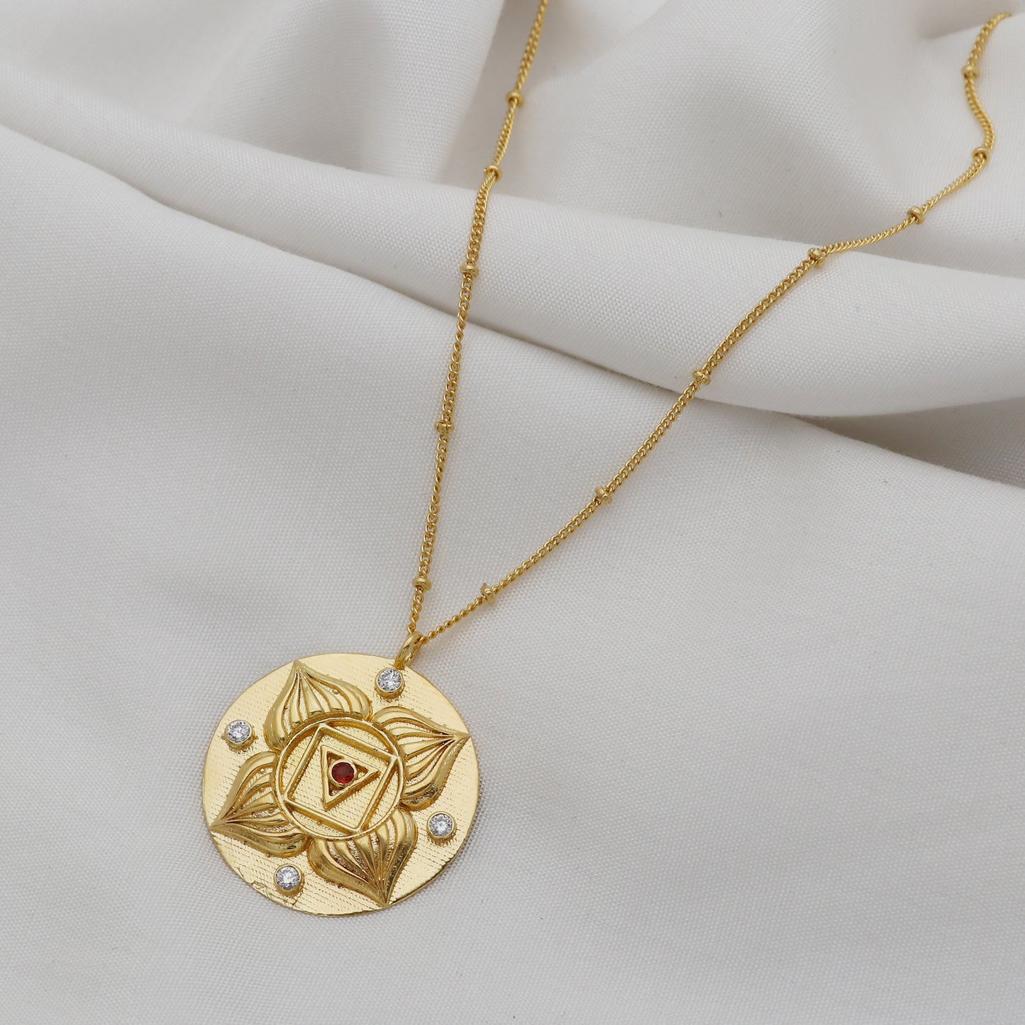 Muladhara Root Chakra Charm ball chain necklace with Garnet and zircon gemstone in 22k gold plated 925 sterling silver