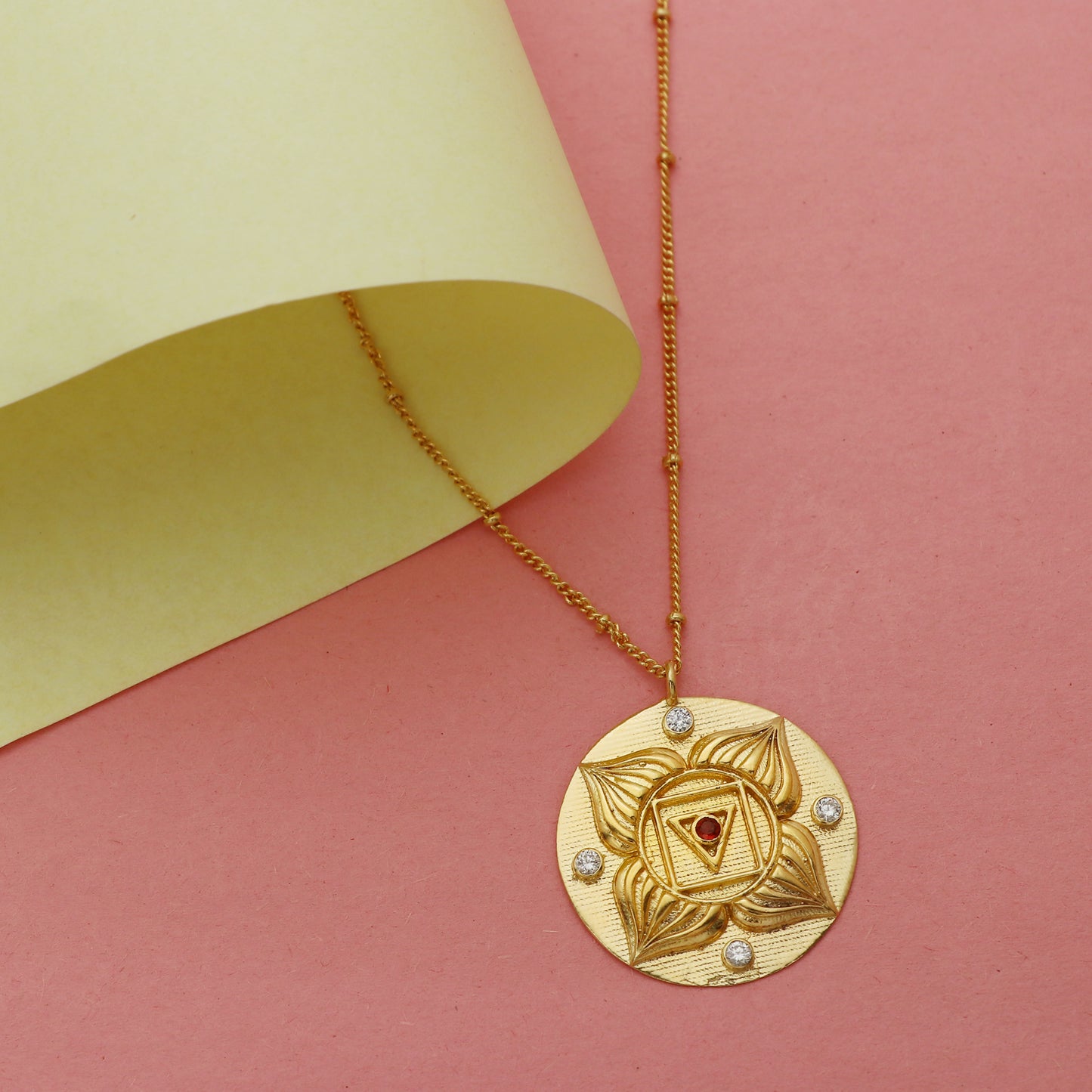 Muladhara Root Chakra Charm ball chain necklace with Garnet and zircon gemstone in 22k gold plated 925 sterling silver