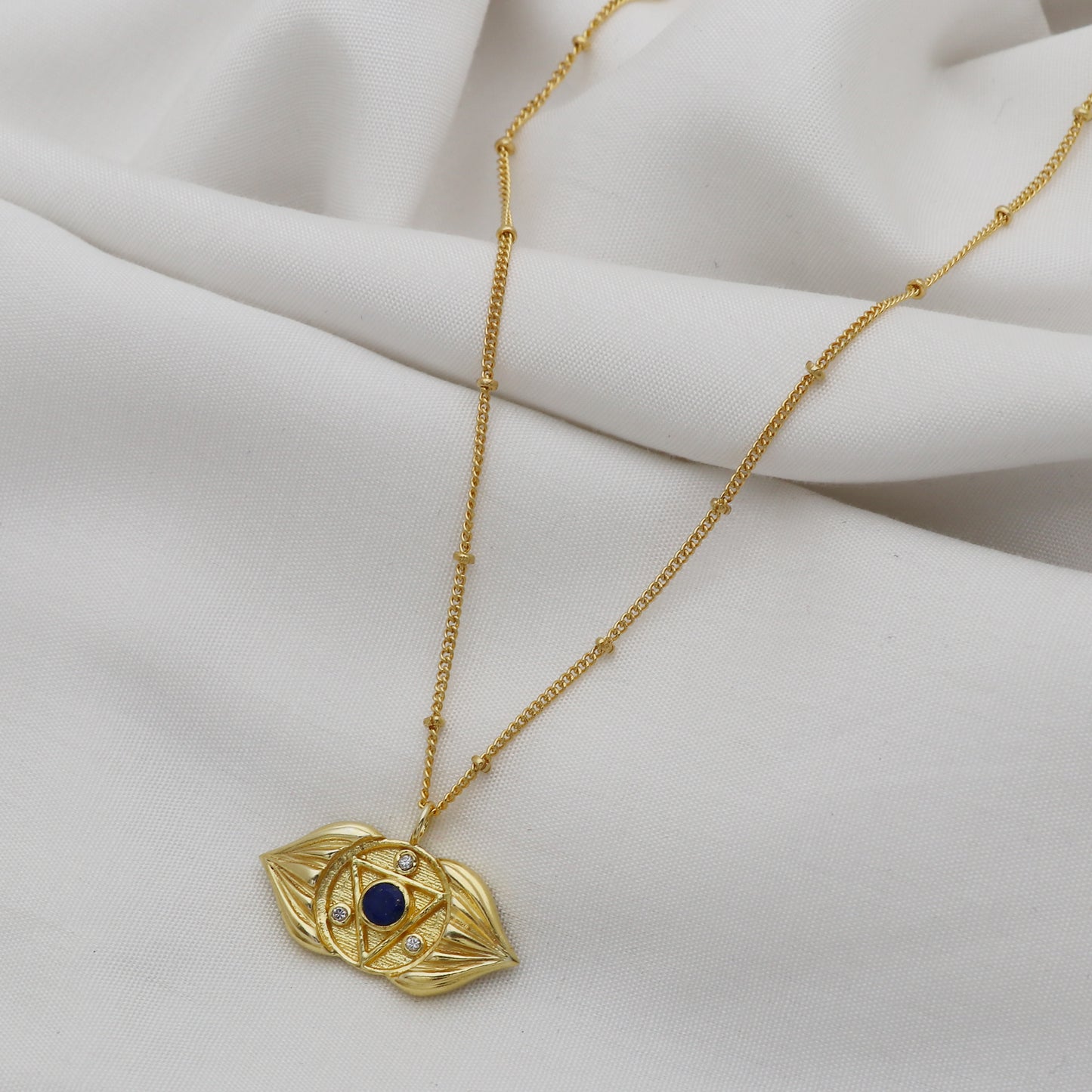 Ajna Third Eye Chakra Charm ball chain necklace with Iolite and zircon gemstone in 22k gold plated 925 sterling silver