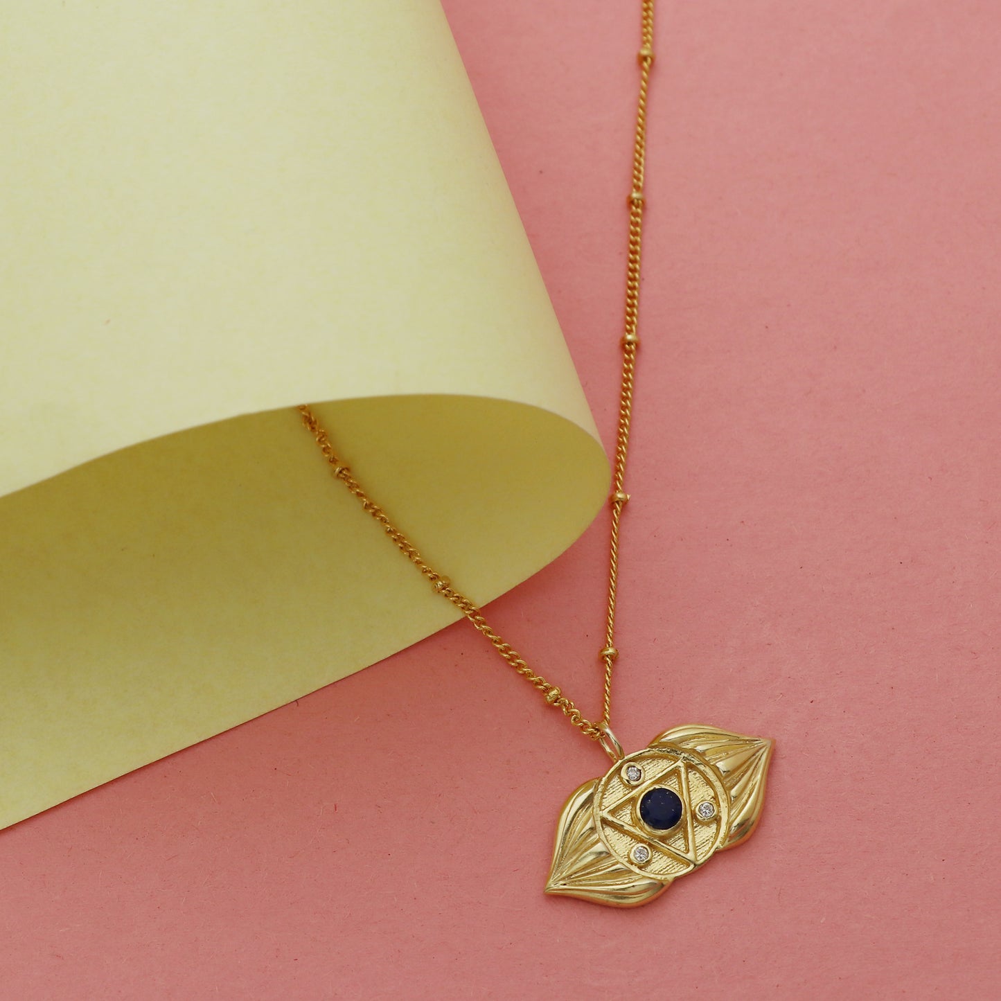 Ajna Third Eye Chakra Charm ball chain necklace with Iolite and zircon gemstone in 22k gold plated 925 sterling silver