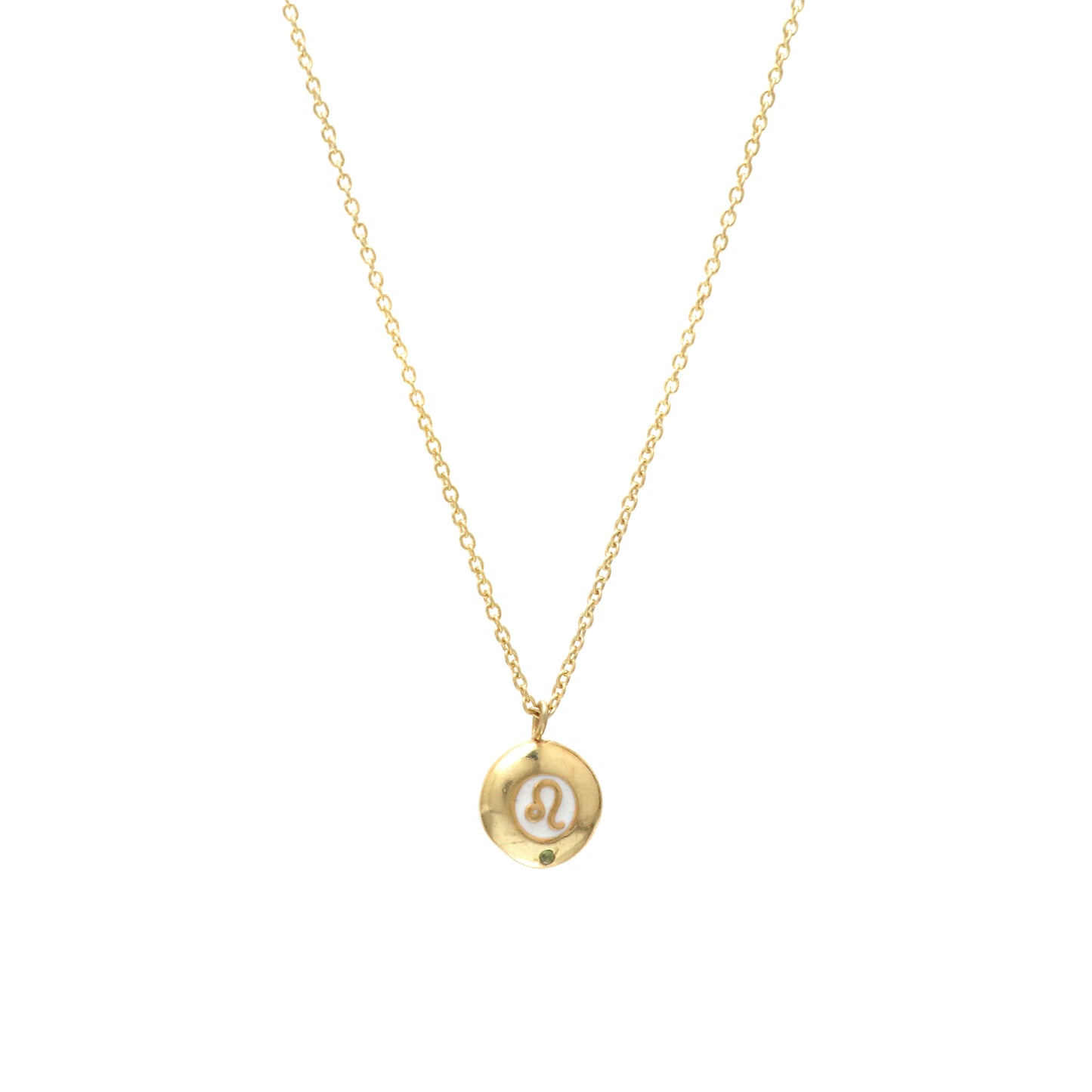Leo Zodiac Sign chain necklace with white enamel and Peridot birthstone in 22k gold plated 925 sterling silver