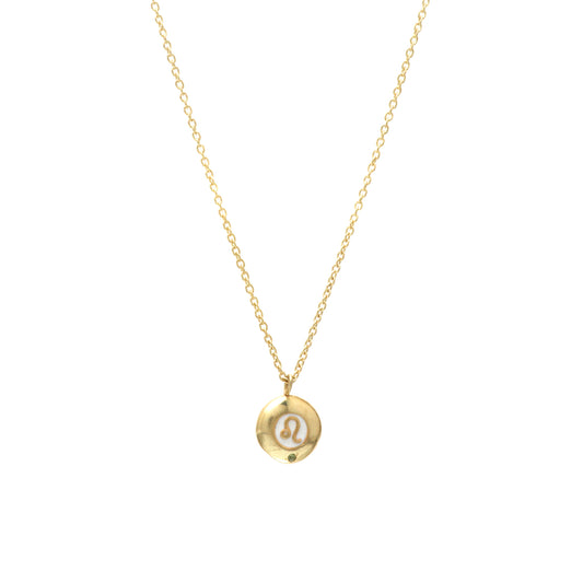 Leo Zodiac Sign chain necklace with white enamel and Peridot birthstone in 22k gold plated 925 sterling silver
