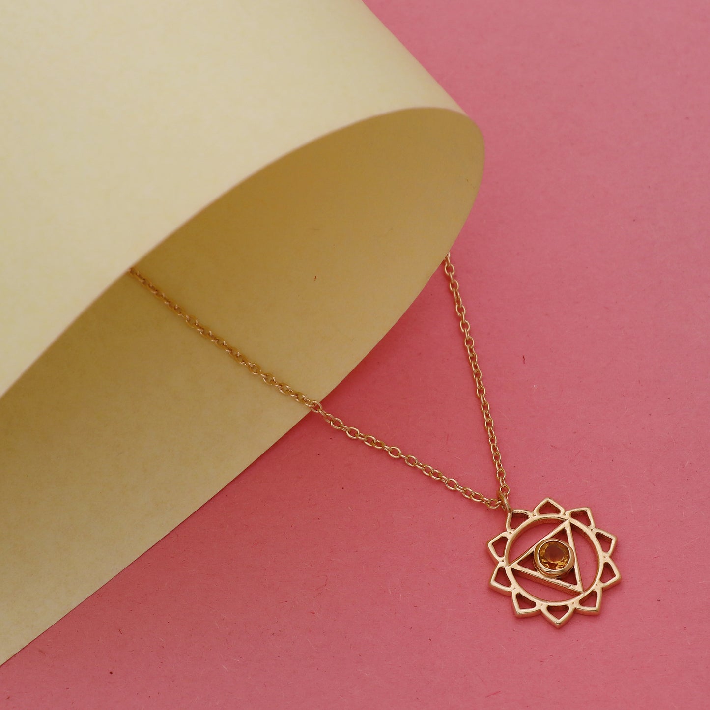 Manipura Solar Plexus Chakra Charm necklace with Citrine gemstone in 22k gold plated 925 sterling silver
