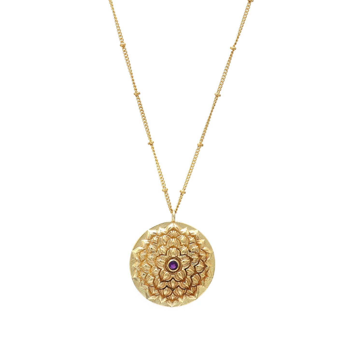 Sahasrara Crown Chakra Charm ball chain necklace with Amethyst gemstone in 22k gold plated 925 sterling silver