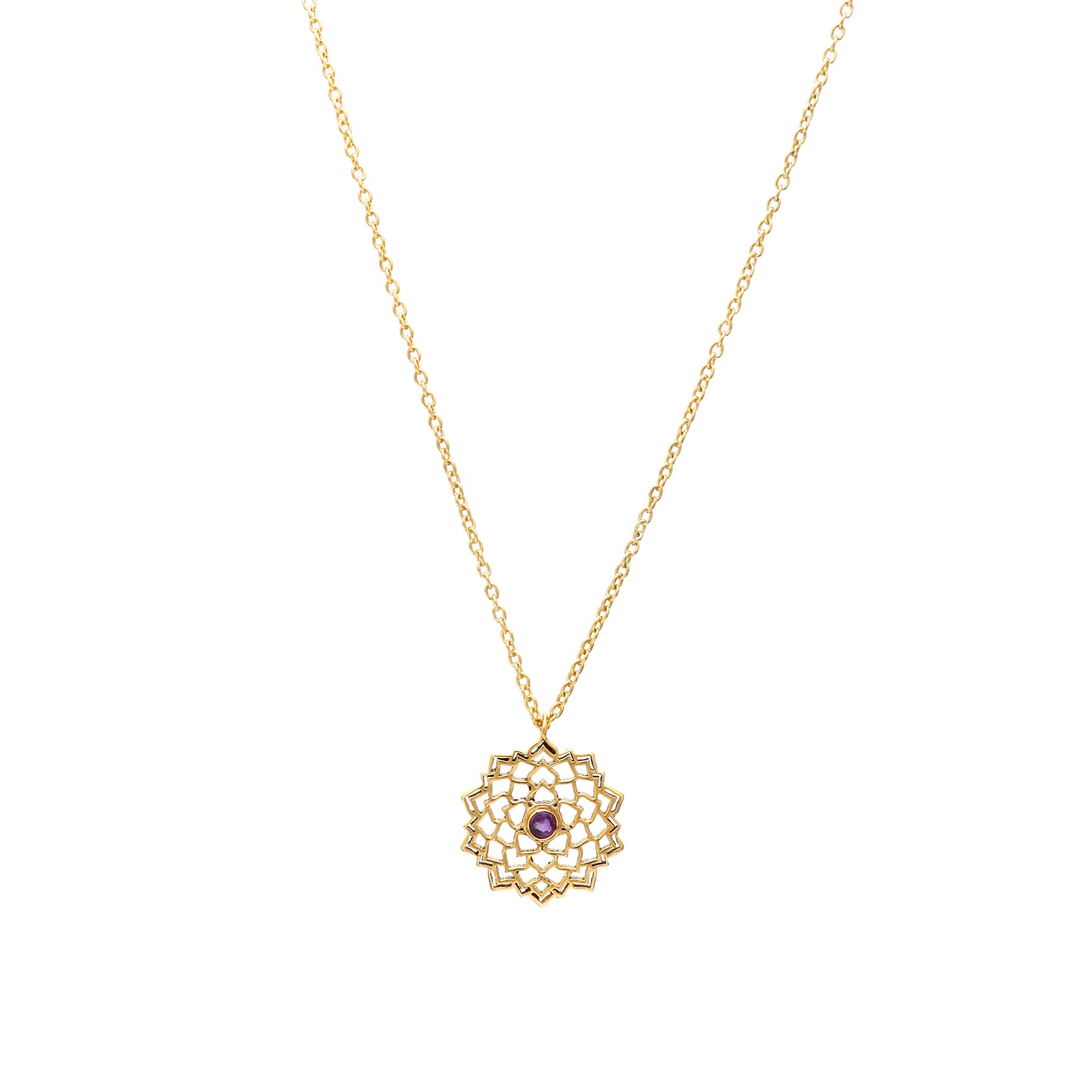 Sahasrara Crown Chakra Charm necklace with Amethyst gemstone in 22k gold plated 925 sterling silver