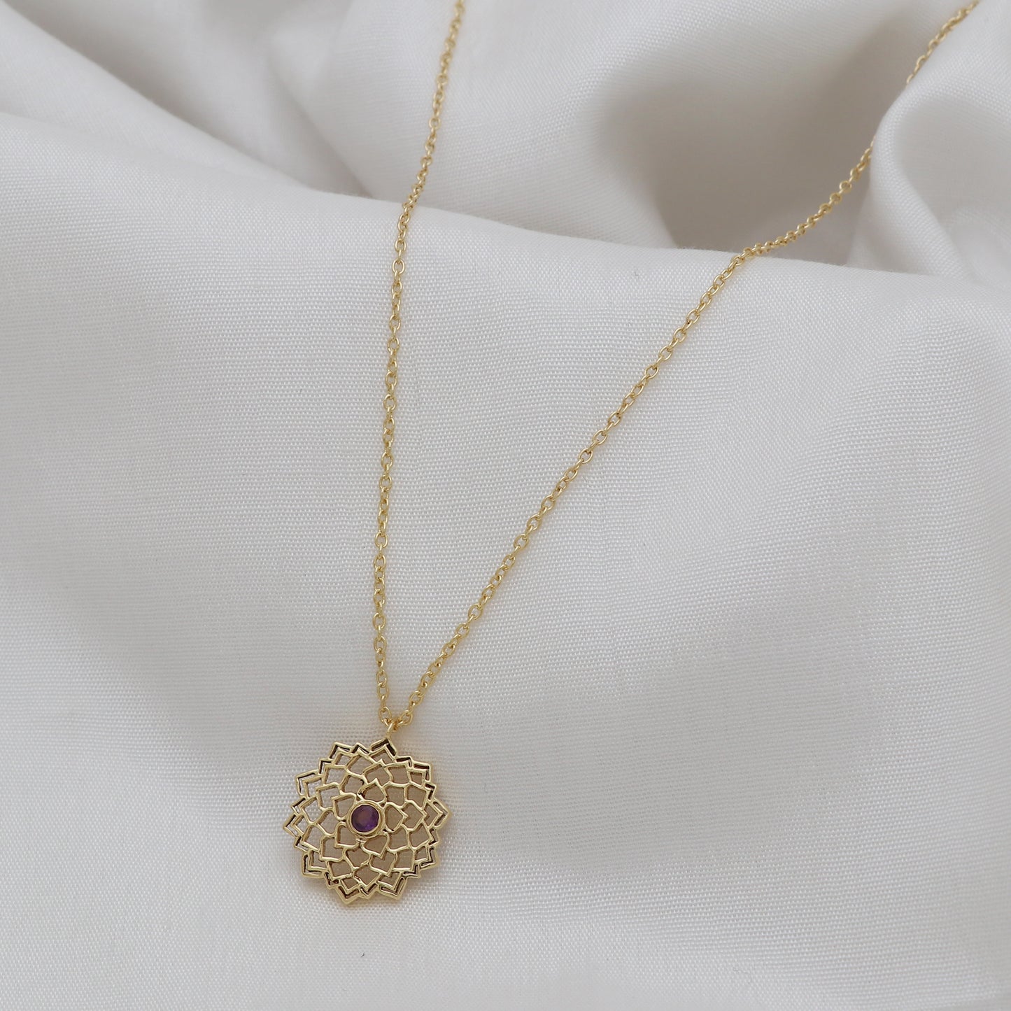 Sahasrara Crown Chakra Charm necklace with Amethyst gemstone in 22k gold plated 925 sterling silver