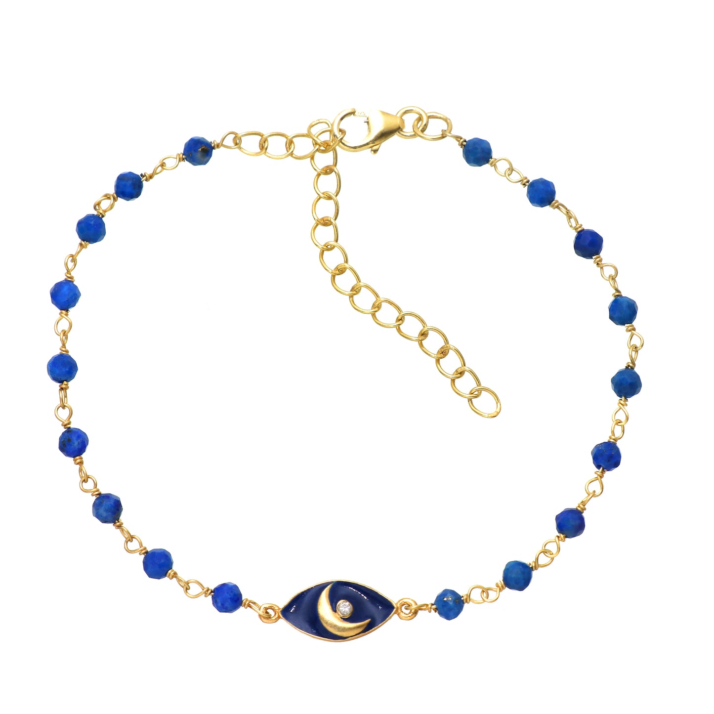 Lapis lazuli blue enamel moon charm rosary bracelet in gold plated 925 sterling silver