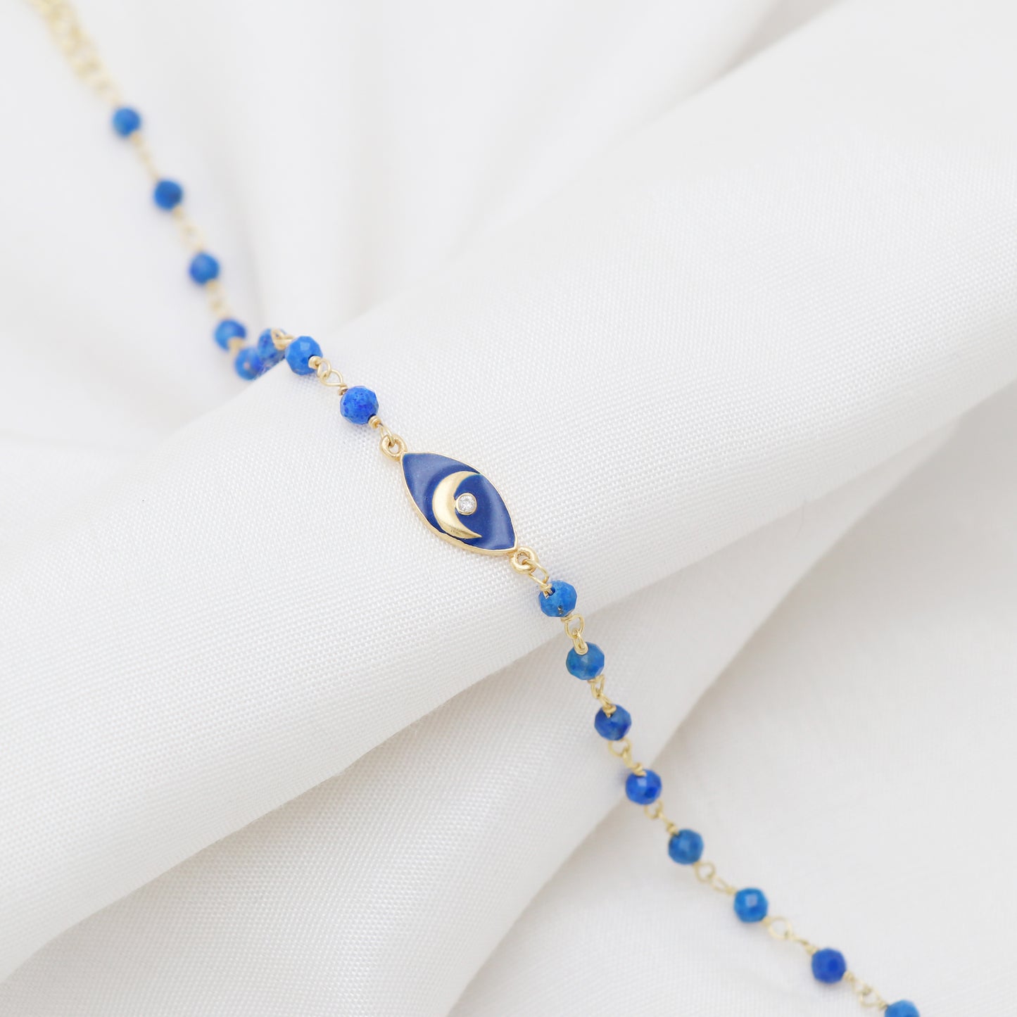 Lapis lazuli blue enamel moon charm rosary bracelet in gold plated 925 sterling silver