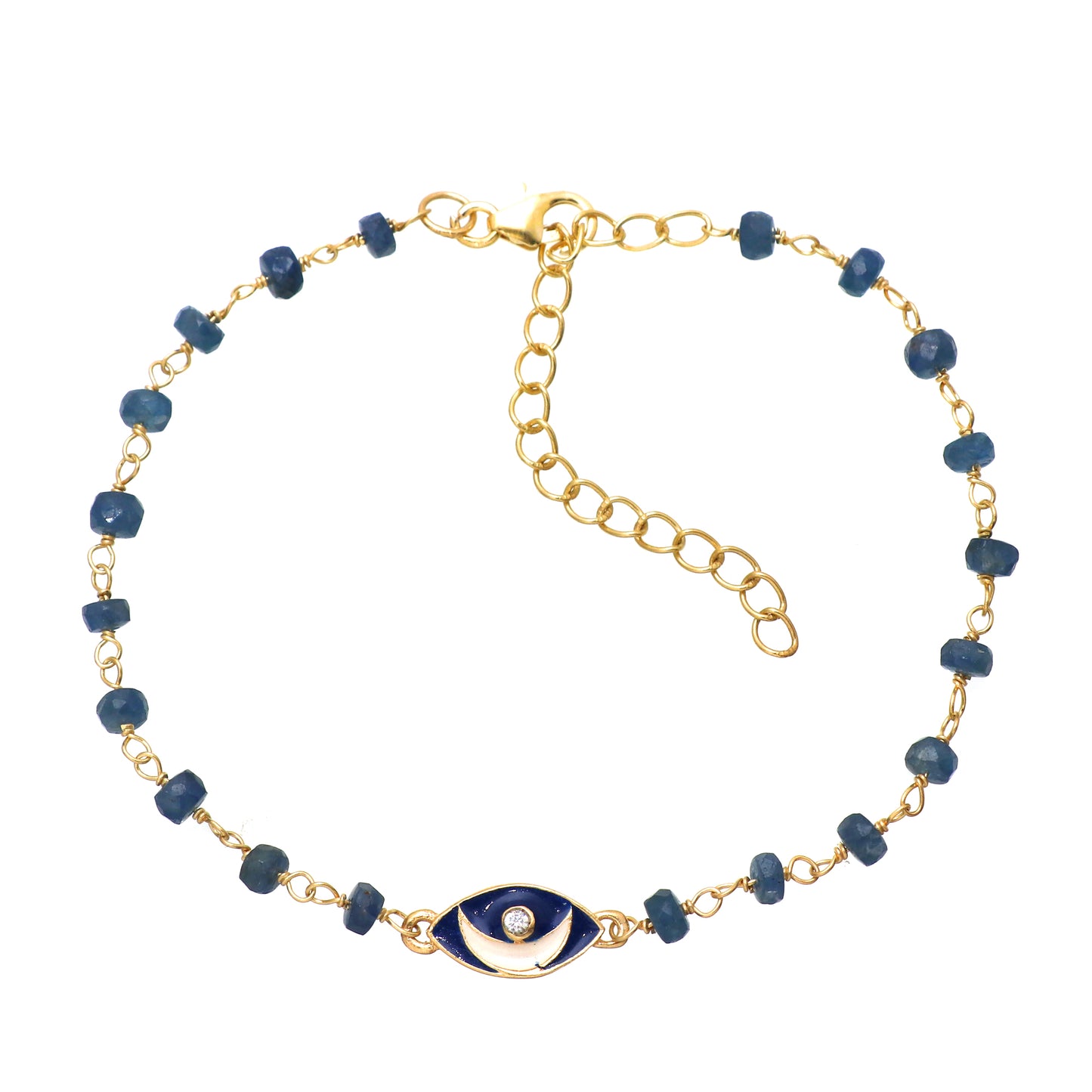 Blue Sapphire moon charm rosary bracelet with blue enamel and zircon stone in gold plated 925 sterling silver
