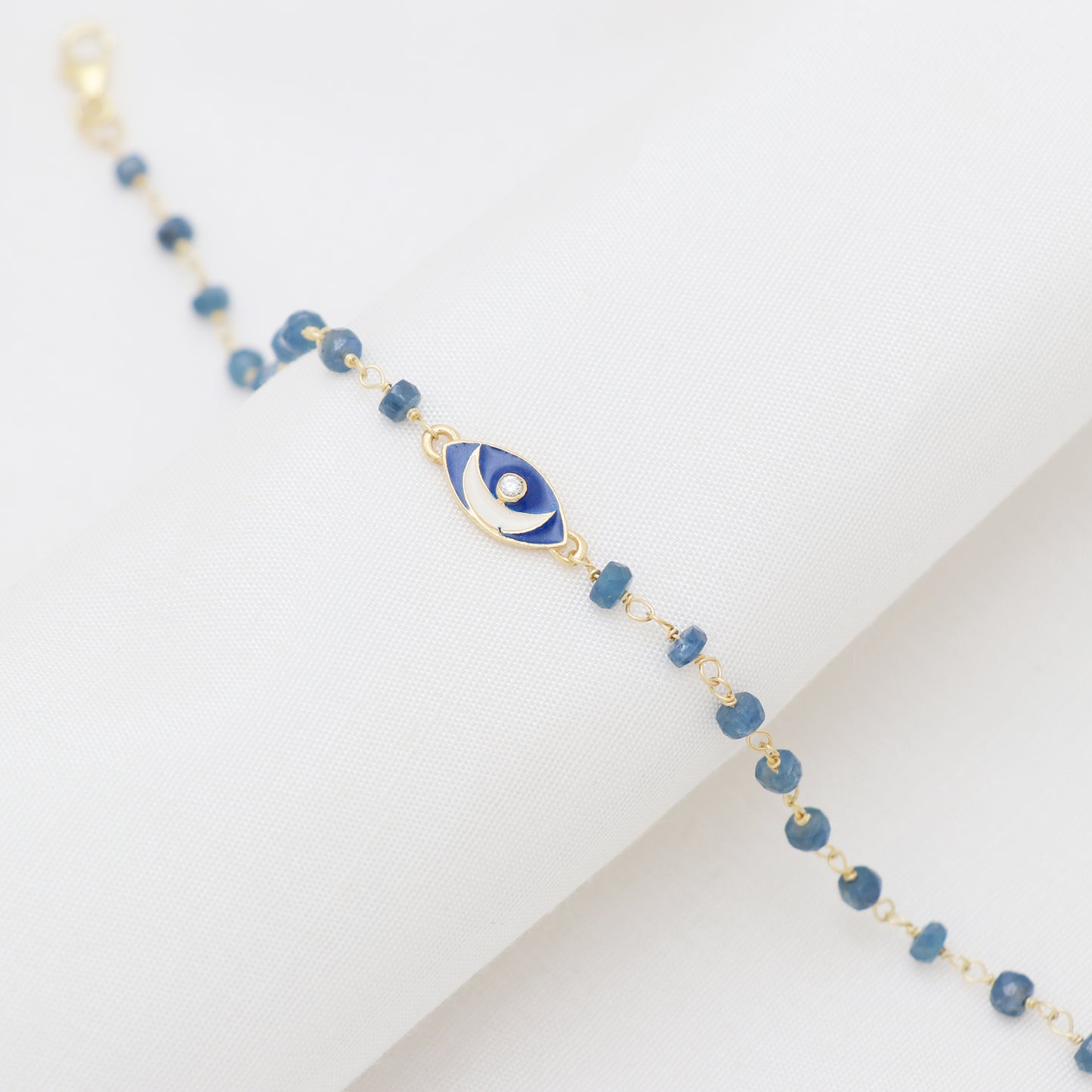 Blue Sapphire moon charm rosary bracelet with blue enamel and zircon stone in gold plated 925 sterling silver
