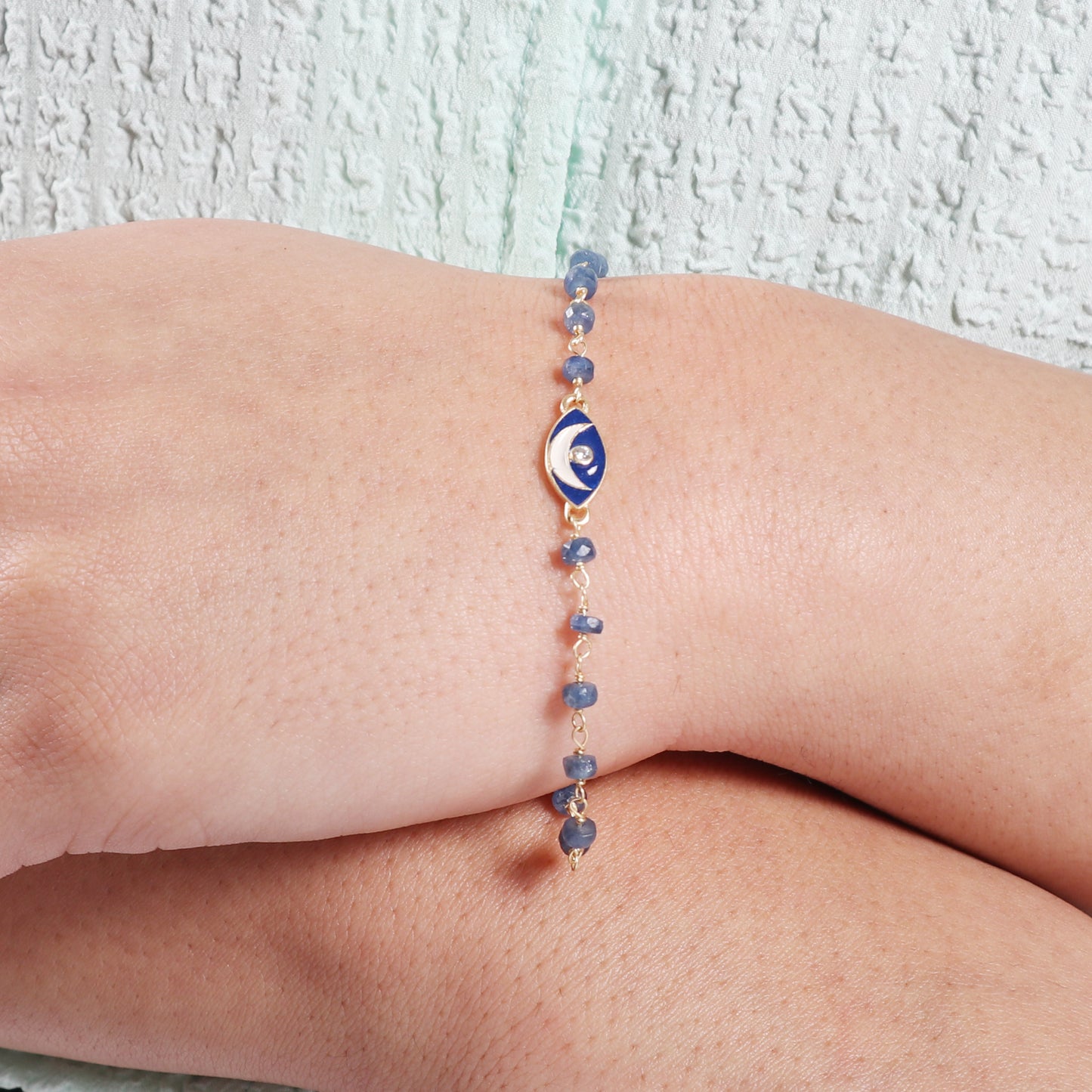 Blue Sapphire moon charm rosary bracelet with blue enamel and zircon stone in gold plated 925 sterling silver