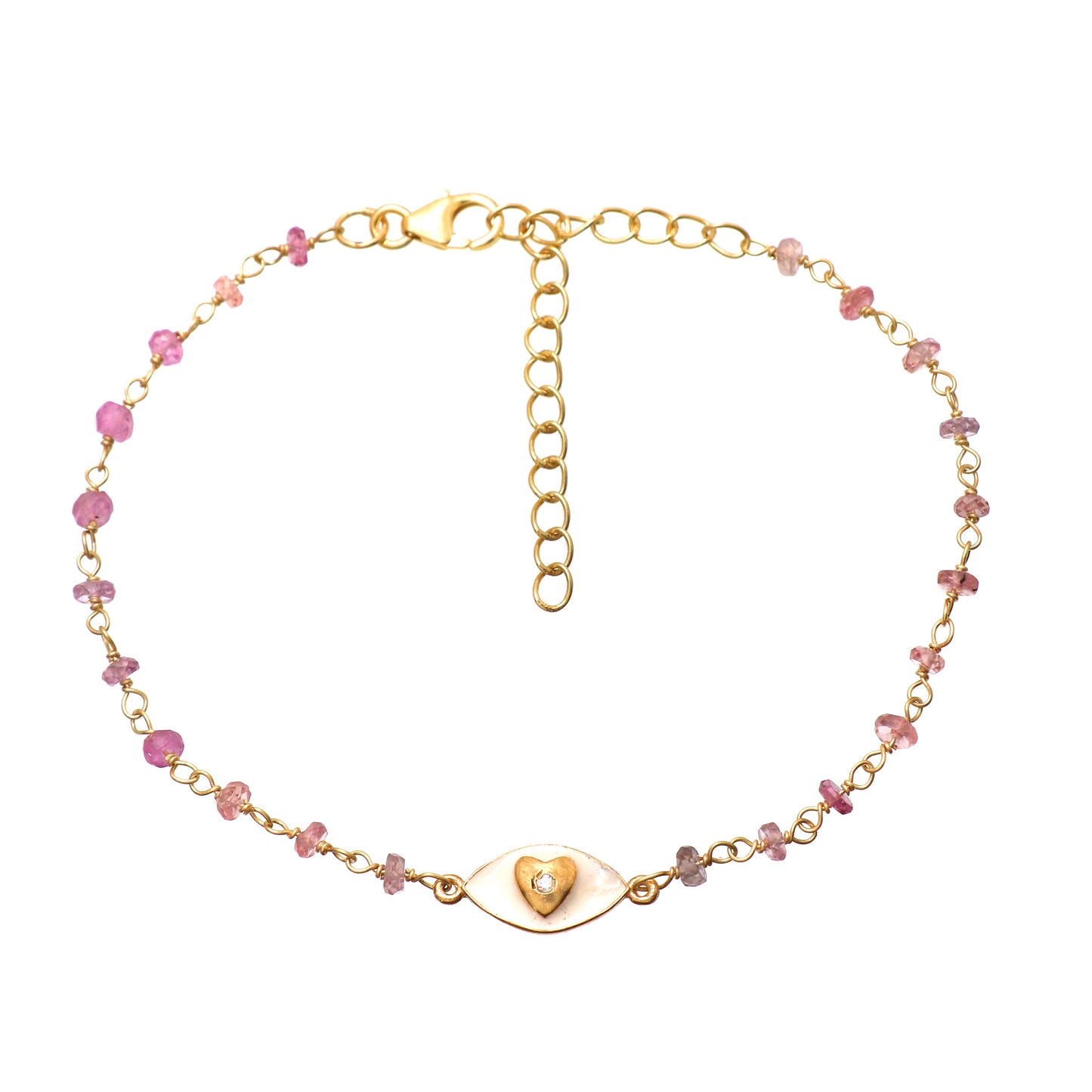 Pink Tourmaline heart charm rosary bracelet with white enamel and zircon stone in gold plated 925 sterling silver