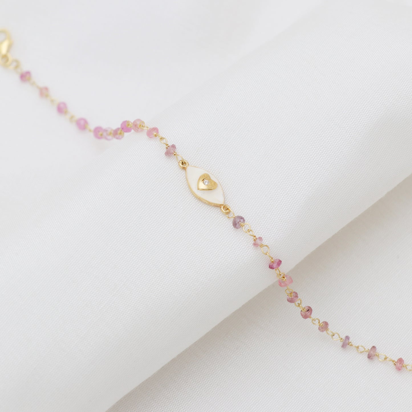 Pink Tourmaline heart charm rosary bracelet with white enamel and zircon stone in gold plated 925 sterling silver