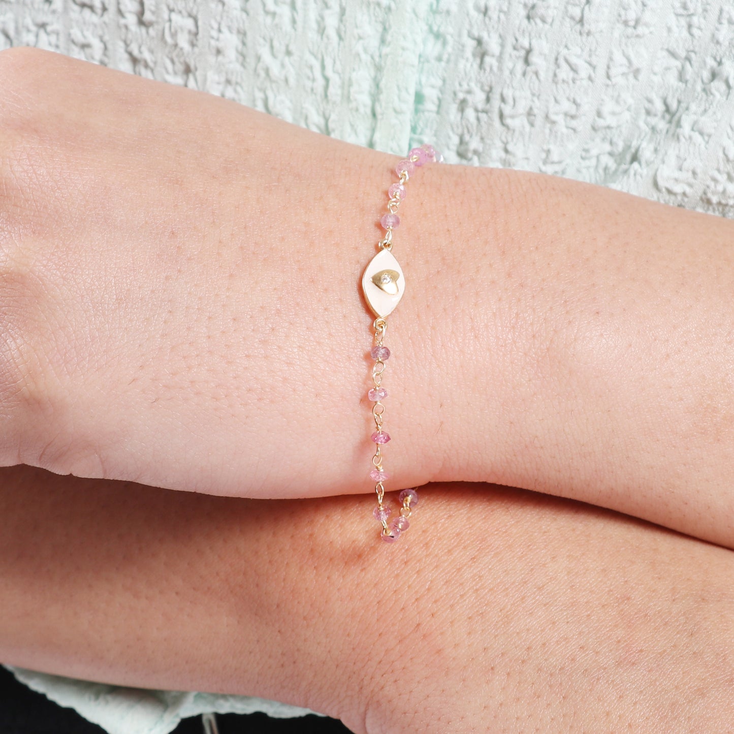 Pink Tourmaline heart charm rosary bracelet with white enamel and zircon stone in gold plated 925 sterling silver