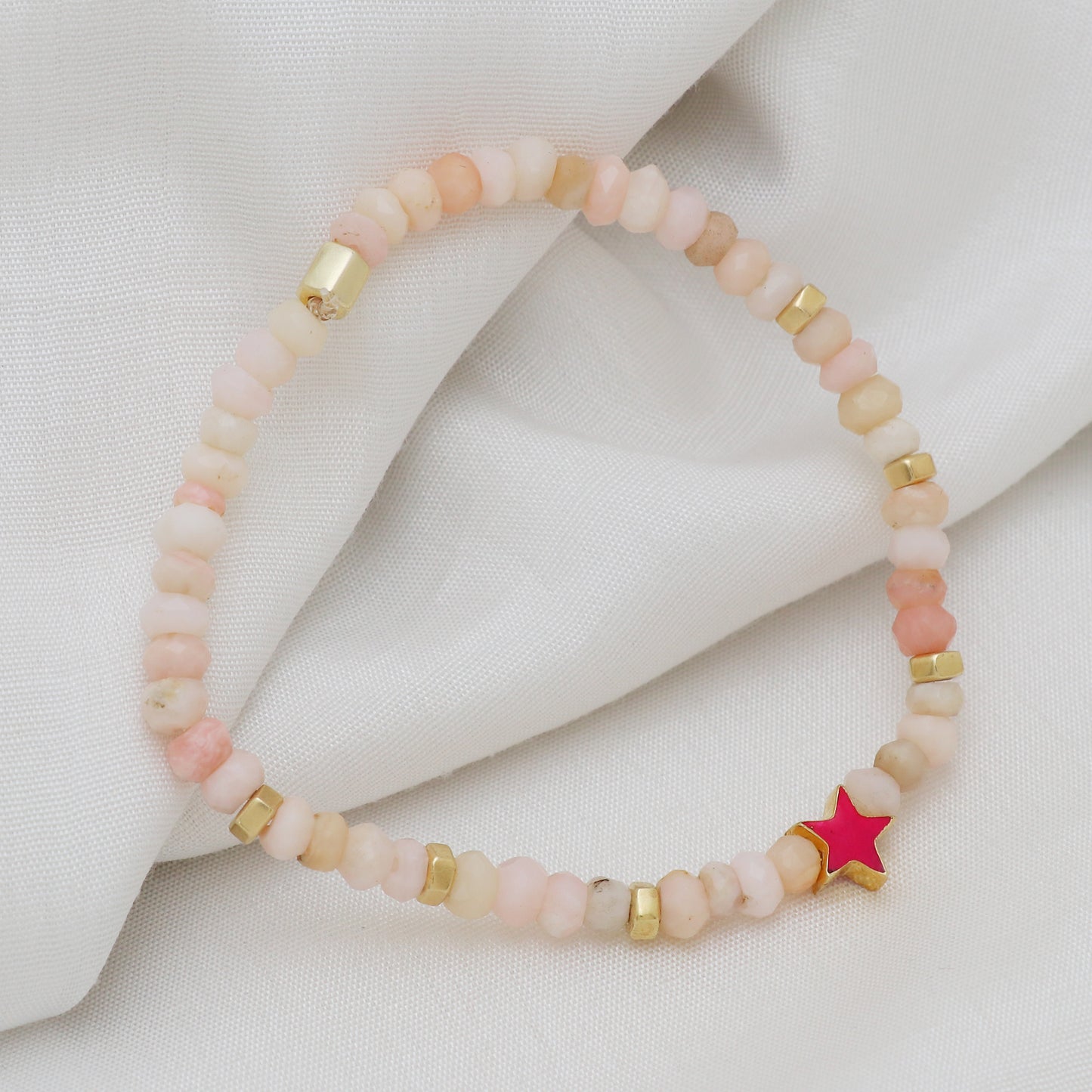 Pink opal star charm stretch bracelet with pink enamel in gold plated 925 sterling silver