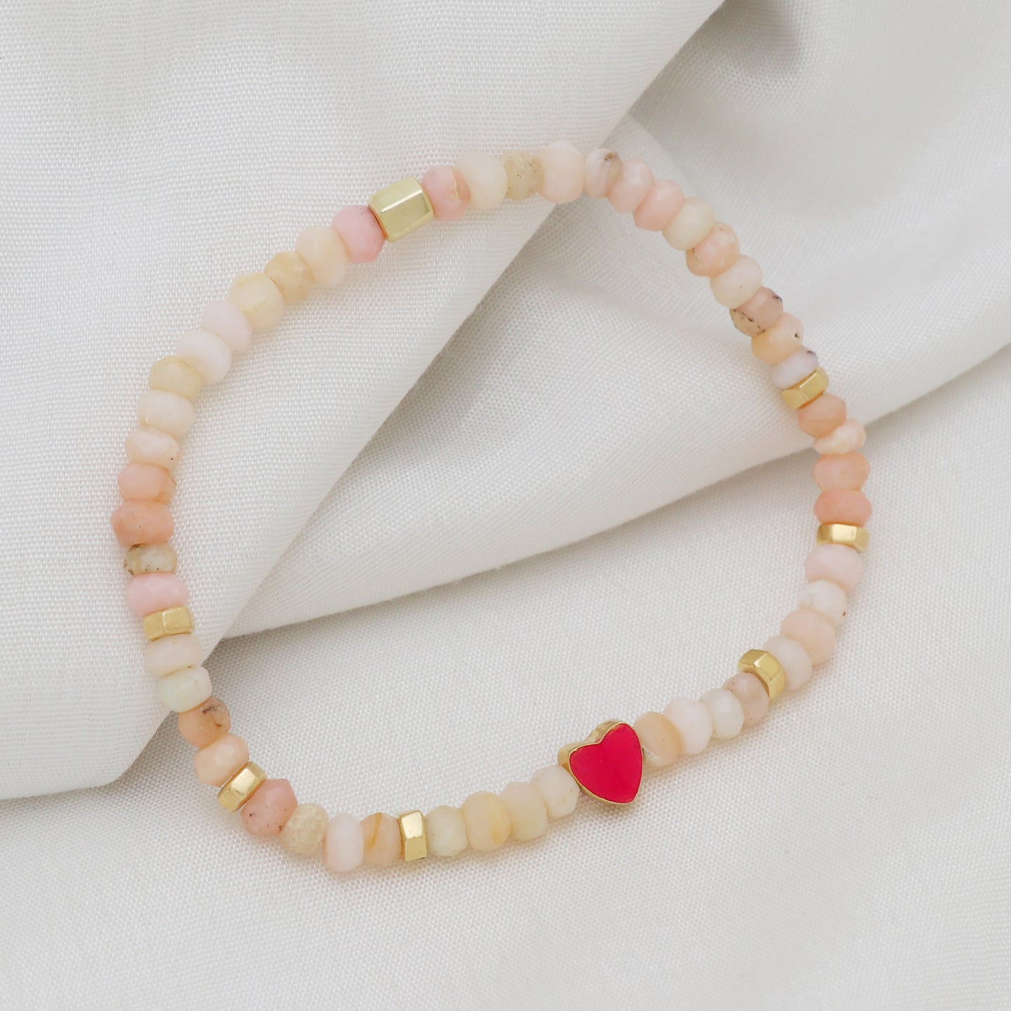 Pink opal heart charm stretch bracelet with pink enamel in gold plated 925 sterling silver