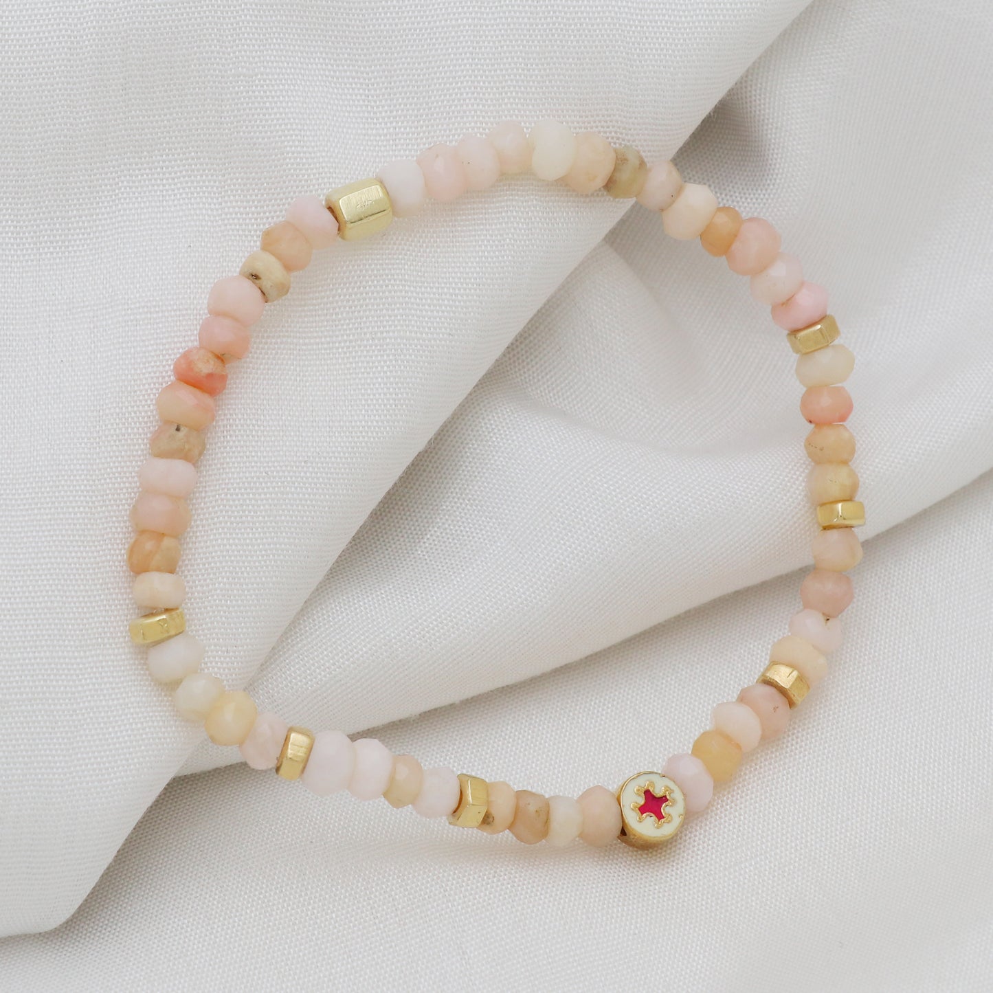 Pink opal flower charm stretch bracelet with pink and white enamel in gold plated 925 sterling silver