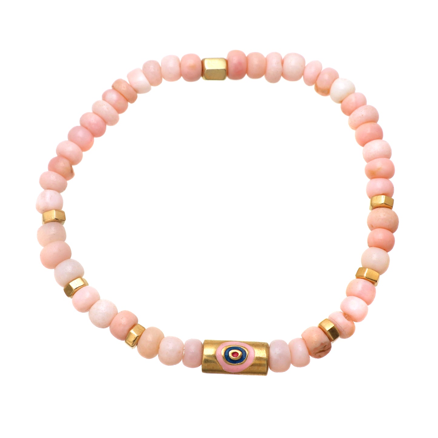 Pink opal evil eye charm stretch bracelet with pink and blue enamel in gold plated 925 sterling silver