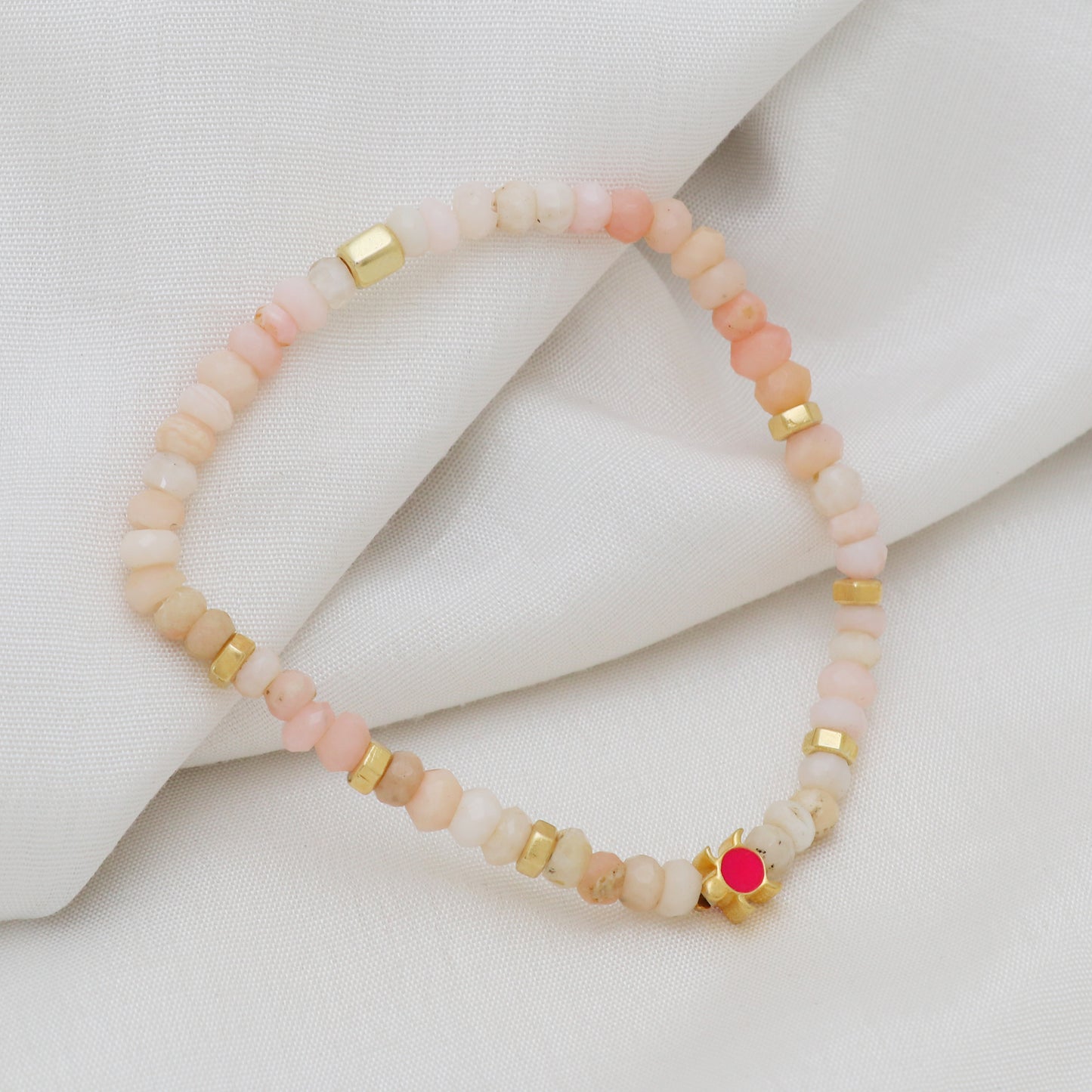 Pink opal turtle charm stretch bracelet with pink enamel in gold plated 925 sterling silver