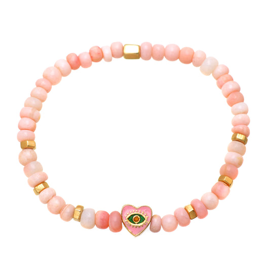 Pink opal heart evil eye charm stretch bracelet with pink, green and yellow enamel