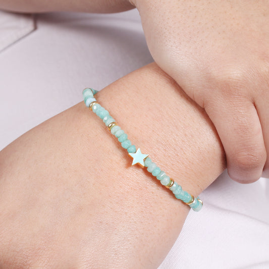 Amazonite star charm stretch bracelet with blue enamel and in gold plated 925 sterling silver