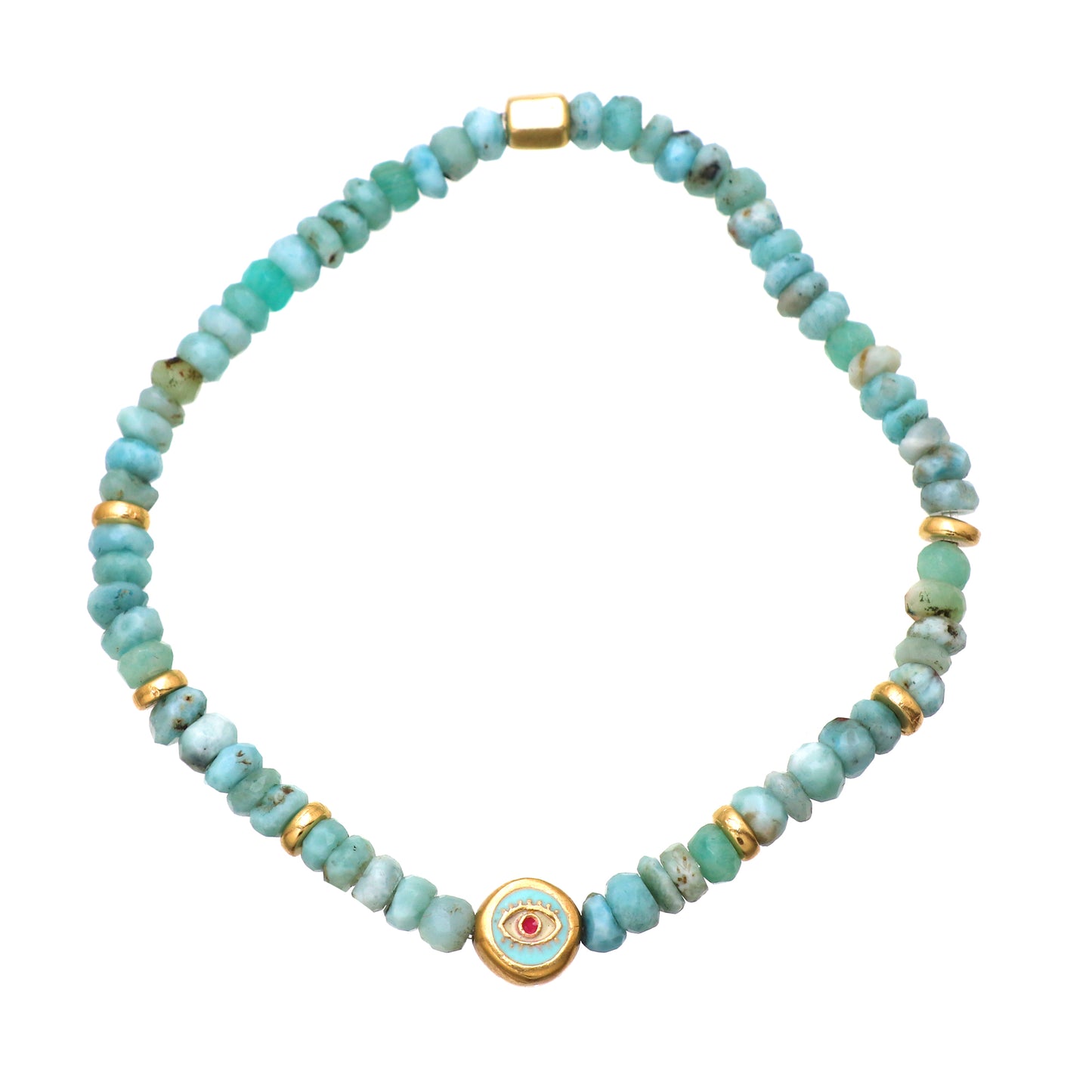 Larimar evil eye charm stretch bracelet with blue,whie and pink enamel in gold plated 925 sterling silver
