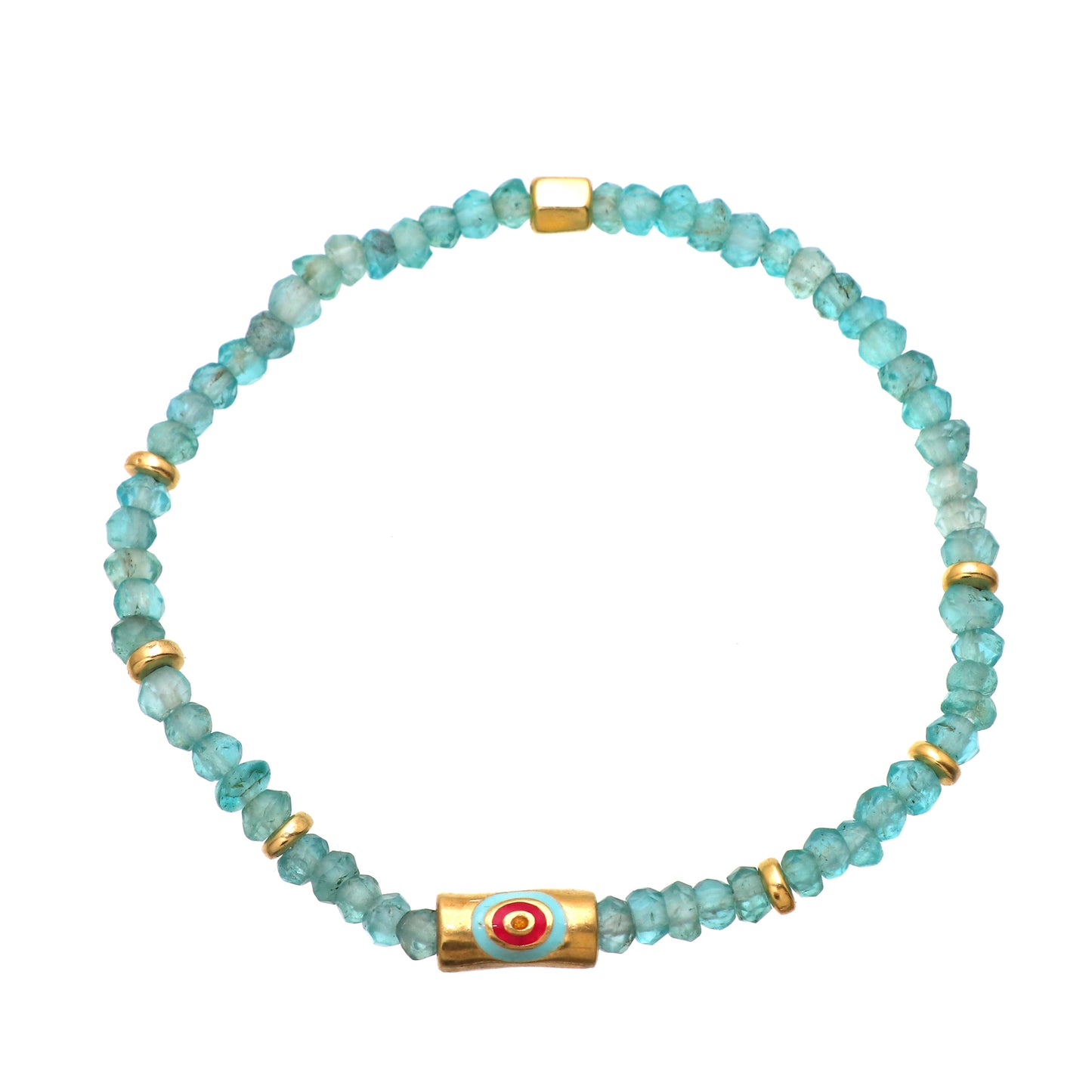 Apatite evil eye charm stretch bracelet with pink and blue enamel in gold plated 925 sterling silver
