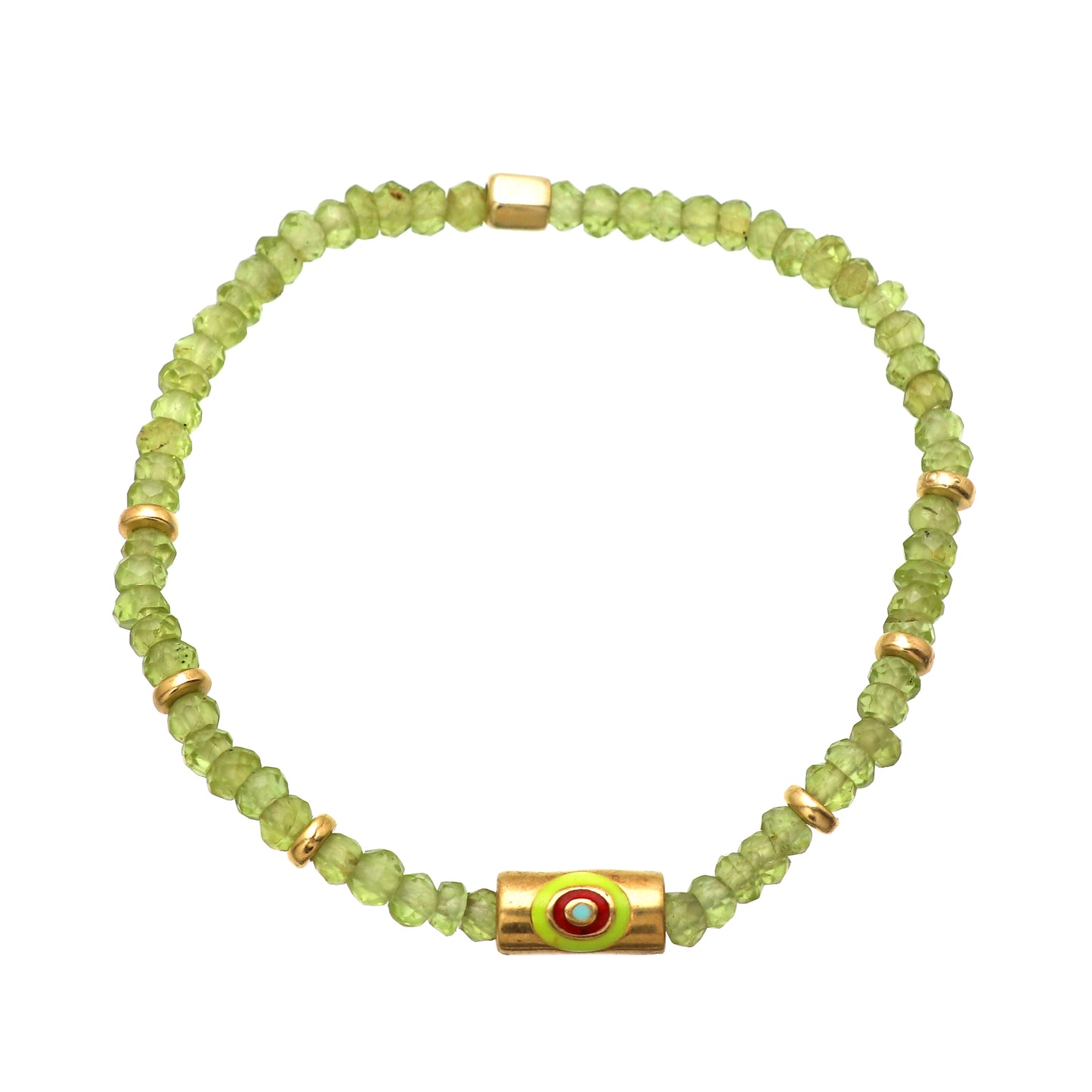 Peridot evil eye charm stretch bracelet with green, red and blue enamel in gold plated 925 sterling silver
