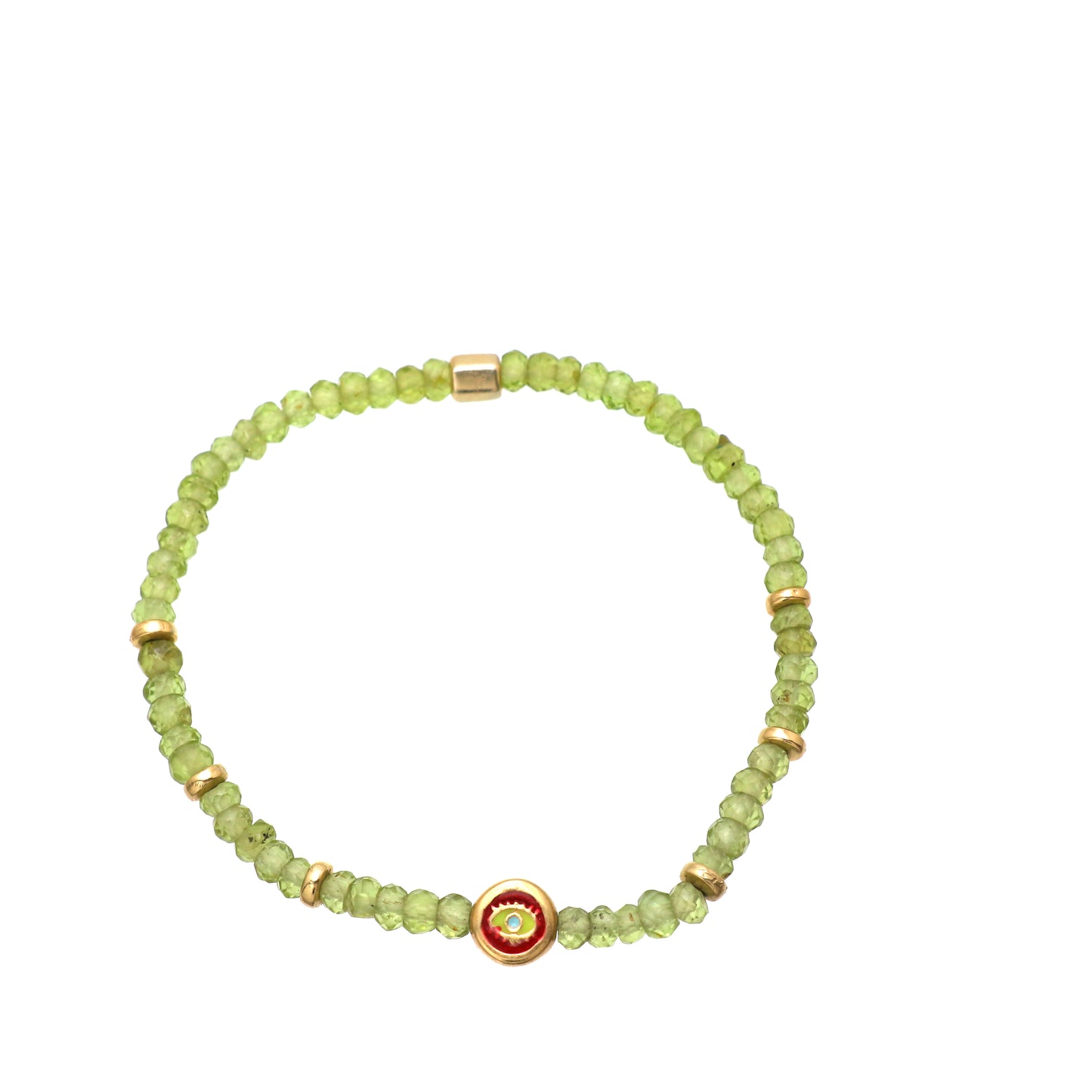 Peridot evil eye charm stretch bracelet with yellow, red and blue enamel in gold plated 925 sterling silver