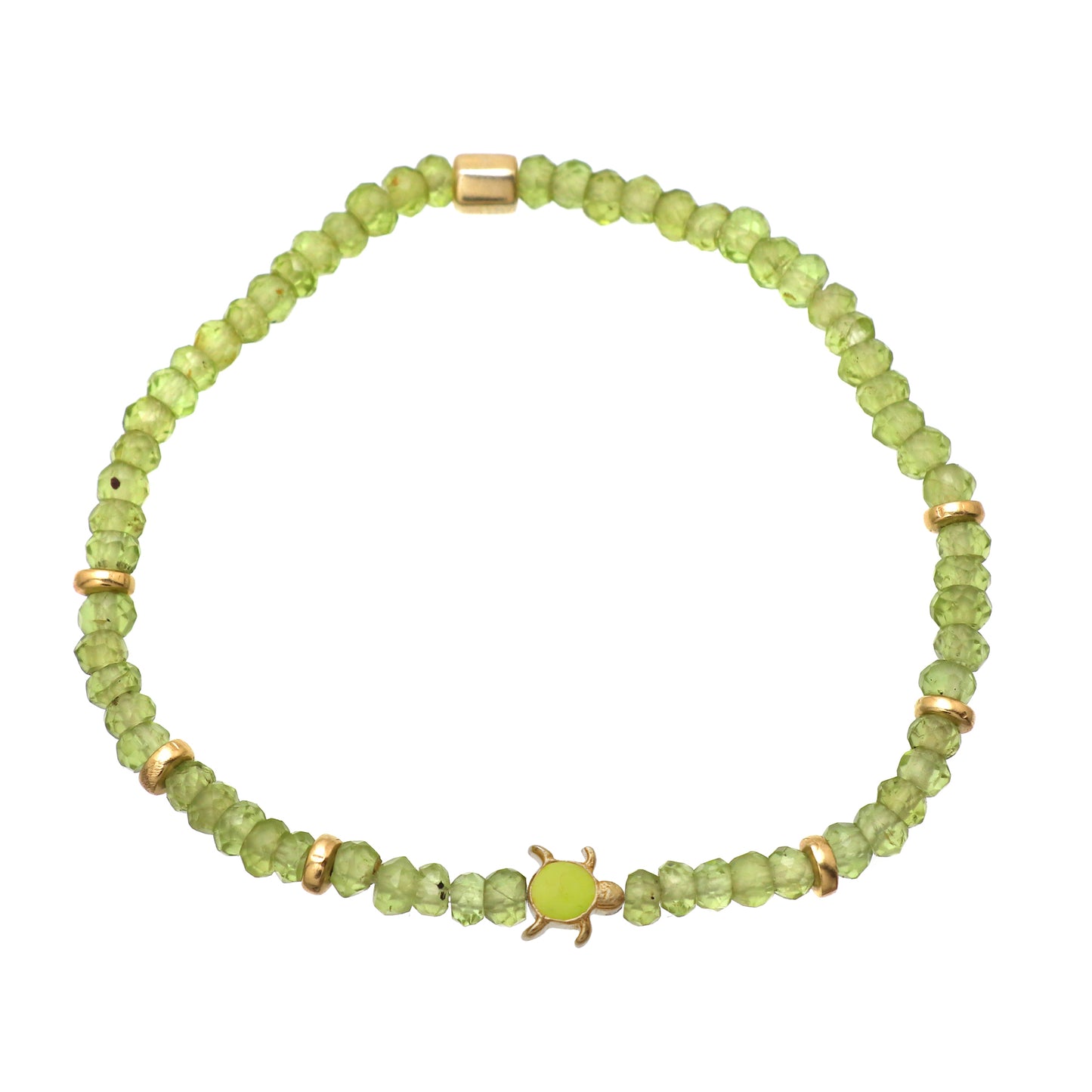 Peridot turtle charm stretch bracelet with green enamel in gold plated 925 sterling silver