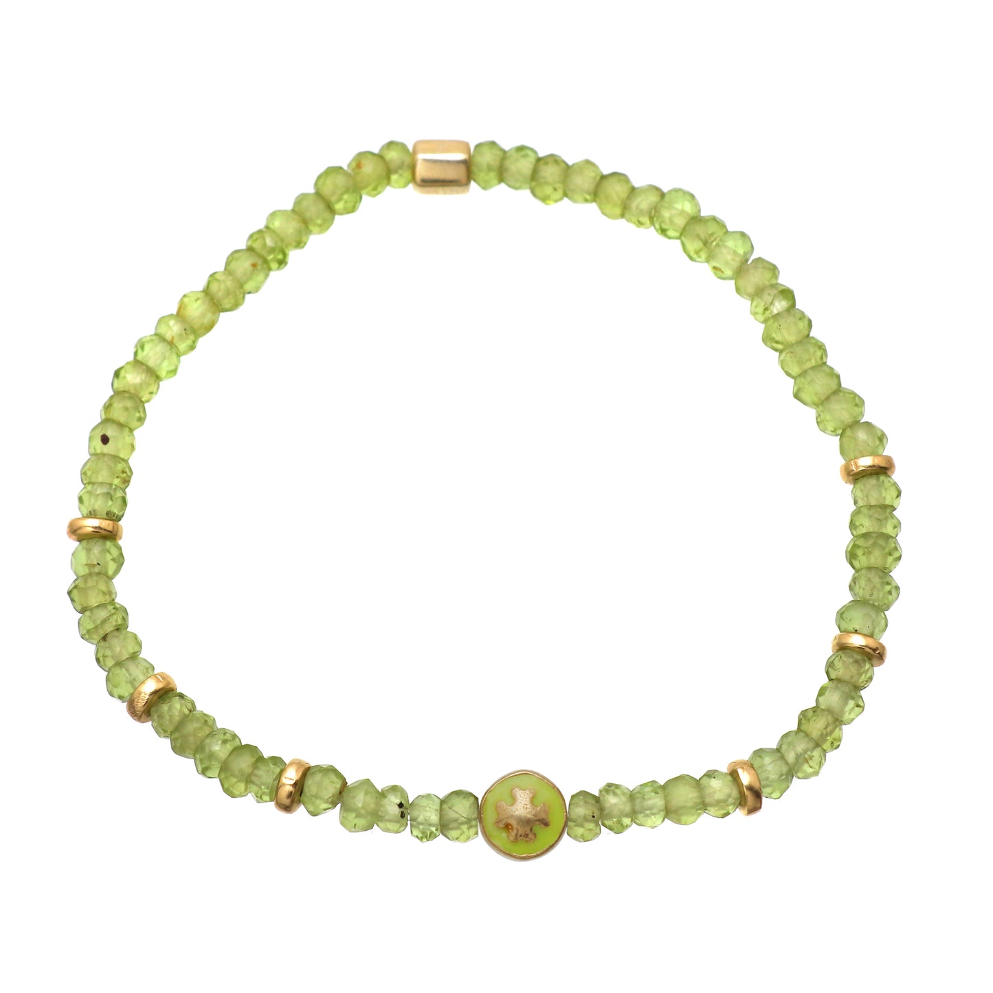 Peridot Flower charm stretch bracelet with green And gold enamel in gold plated 925 sterling silver