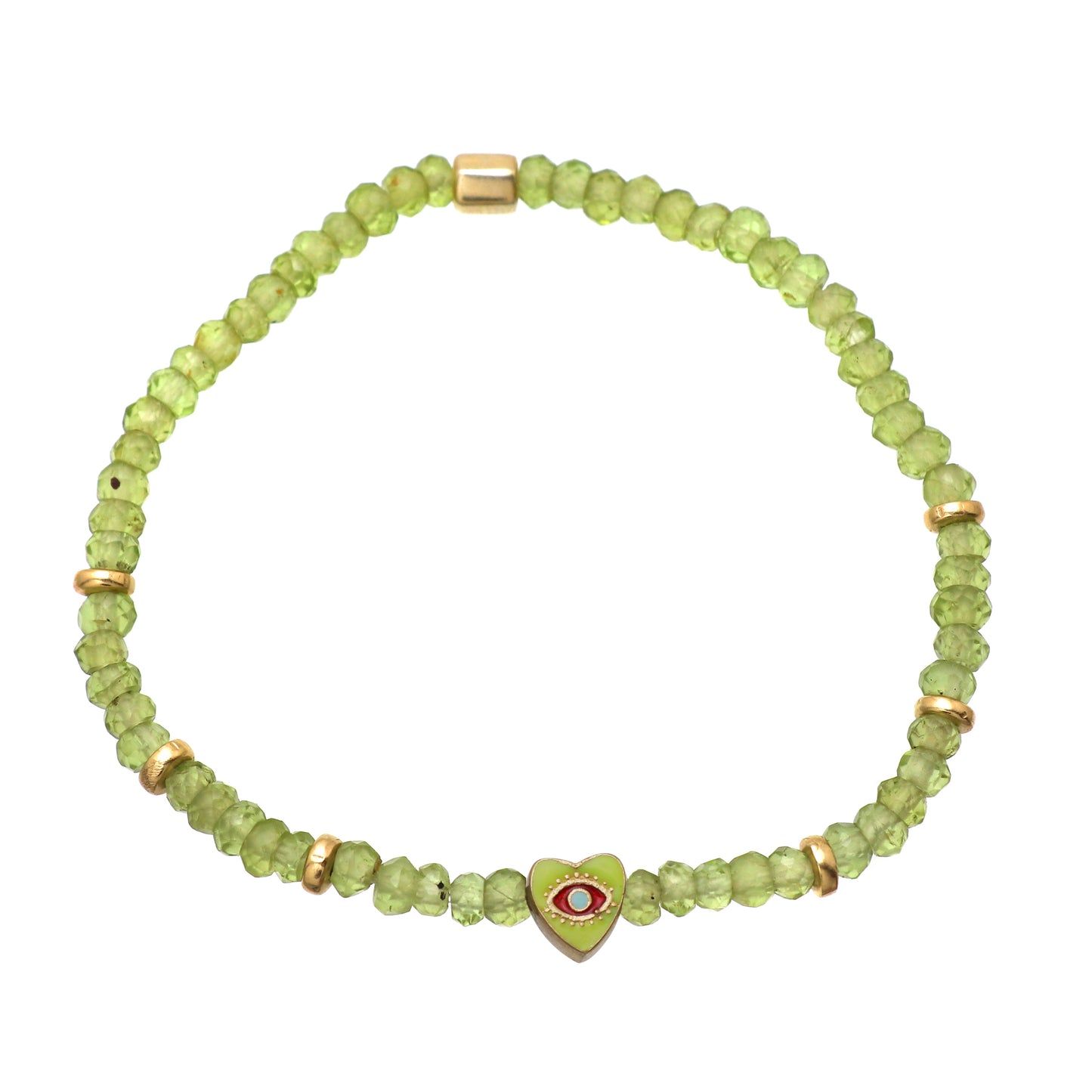 Peridot heart charm with evil eye engraved stretch bracelet with green and red enamel in gold plated 925 sterling silver